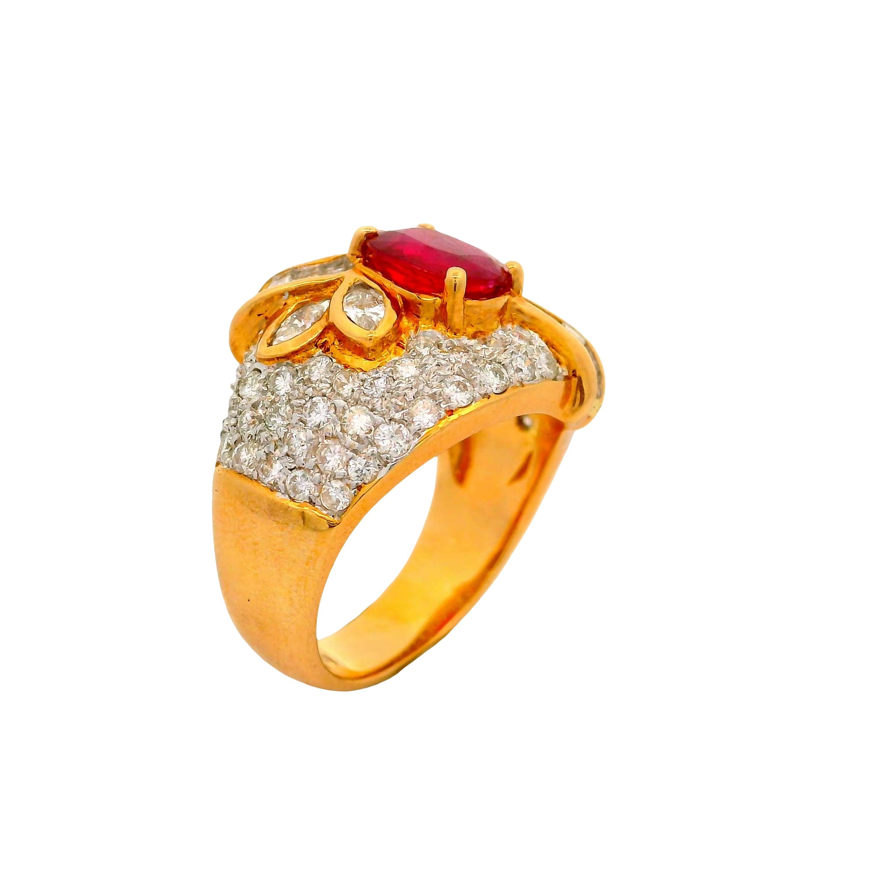 1.39 Carat Ruby Diamond Pave 18K Yellow Gold Ring
