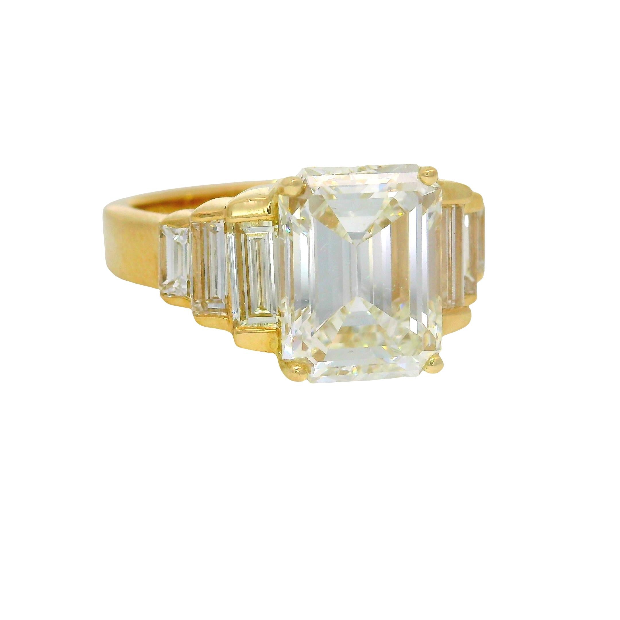 3.51 Carat Emerald-Cut Diamond H-VS2 14K Yellow Gold Ring, GIA Certified