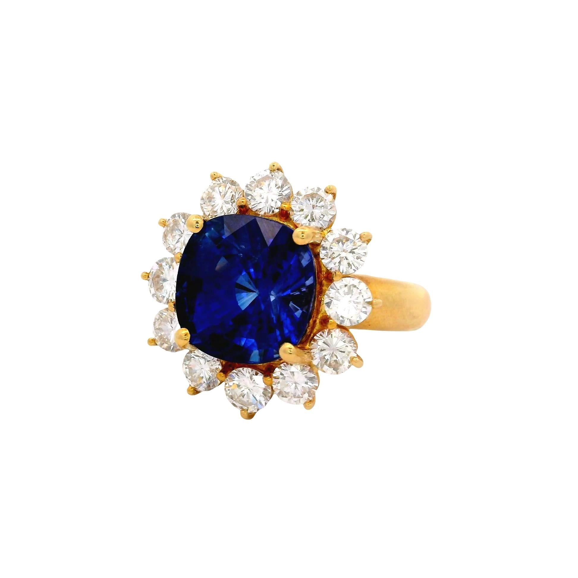 7.11 Carat Blue Sapphire Diamond 18K Yellow Gold Halo Ring, GIA Certified