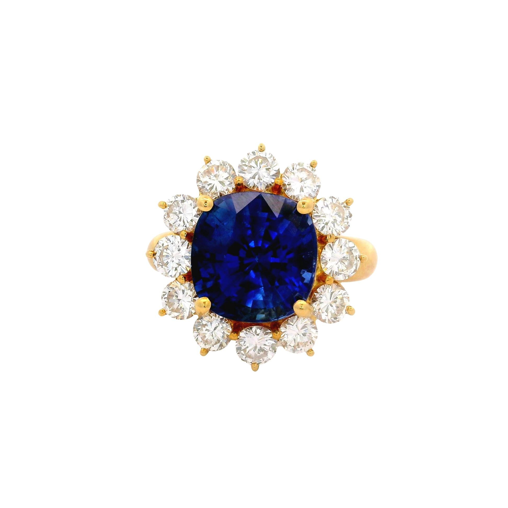7.11 Carat Blue Sapphire Diamond 18K Yellow Gold Halo Ring, GIA Certified