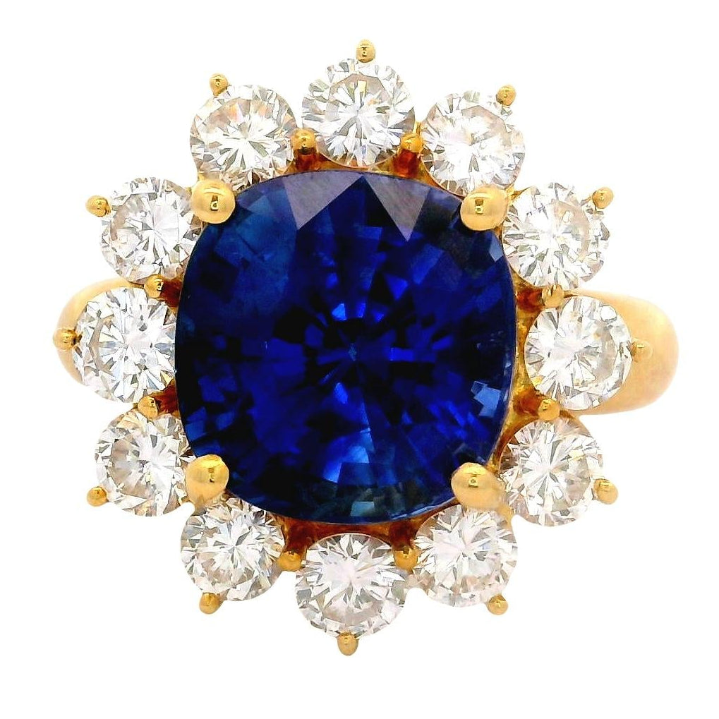 7.11 Carat Blue Sapphire Diamond 18K Yellow Gold Halo Ring, GIA Certified
