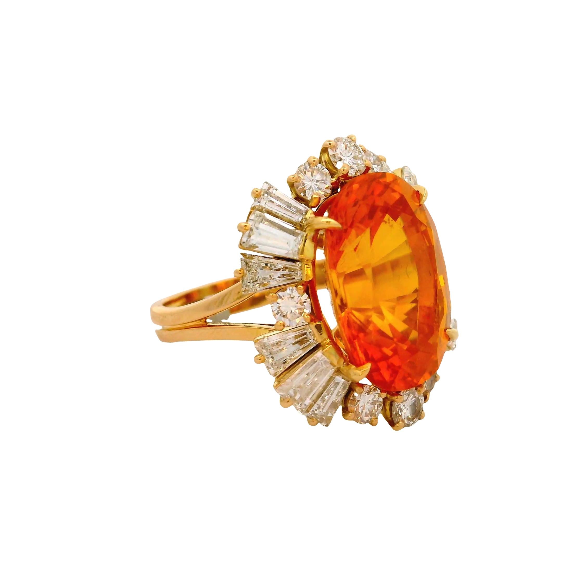 Fred Paris 17.37 Carat Orange Sapphire Diamond 18K Yellow Gold Ring, GIA Cert
