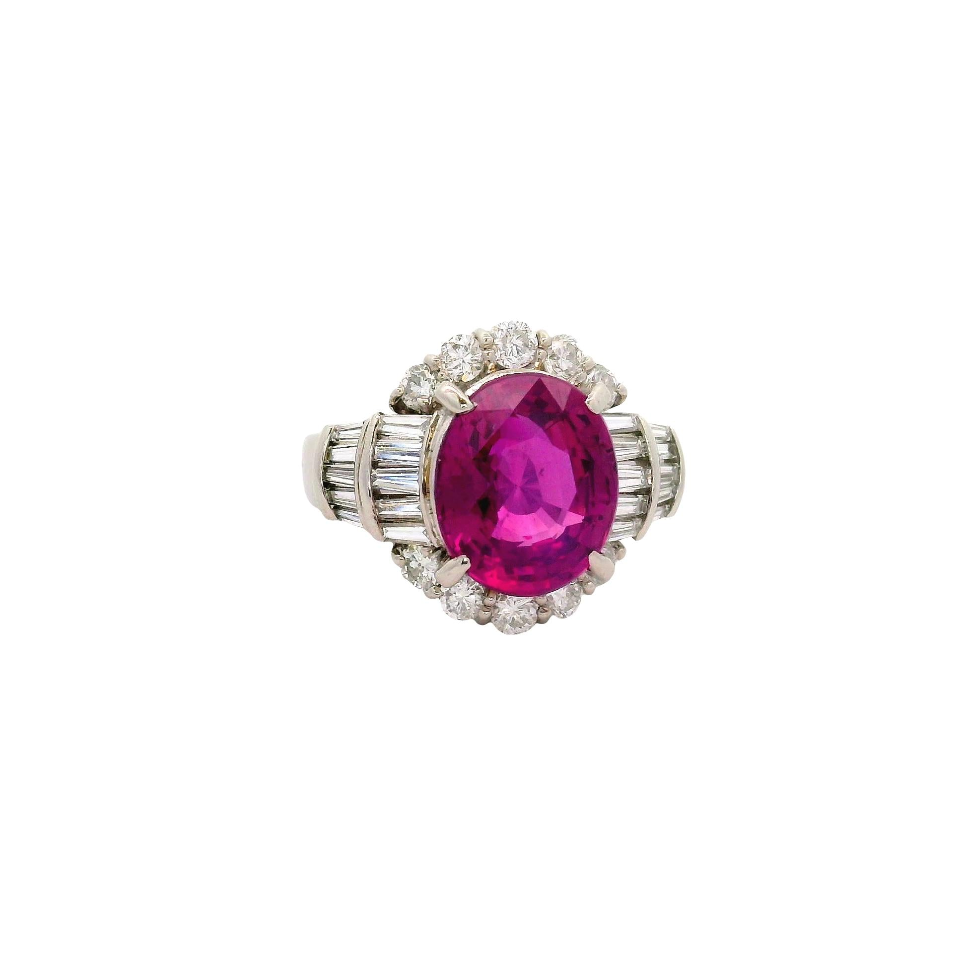 4.41 Carat Vivid Purplish Red Ruby Diamond Platinum Ring, AIGS Certified