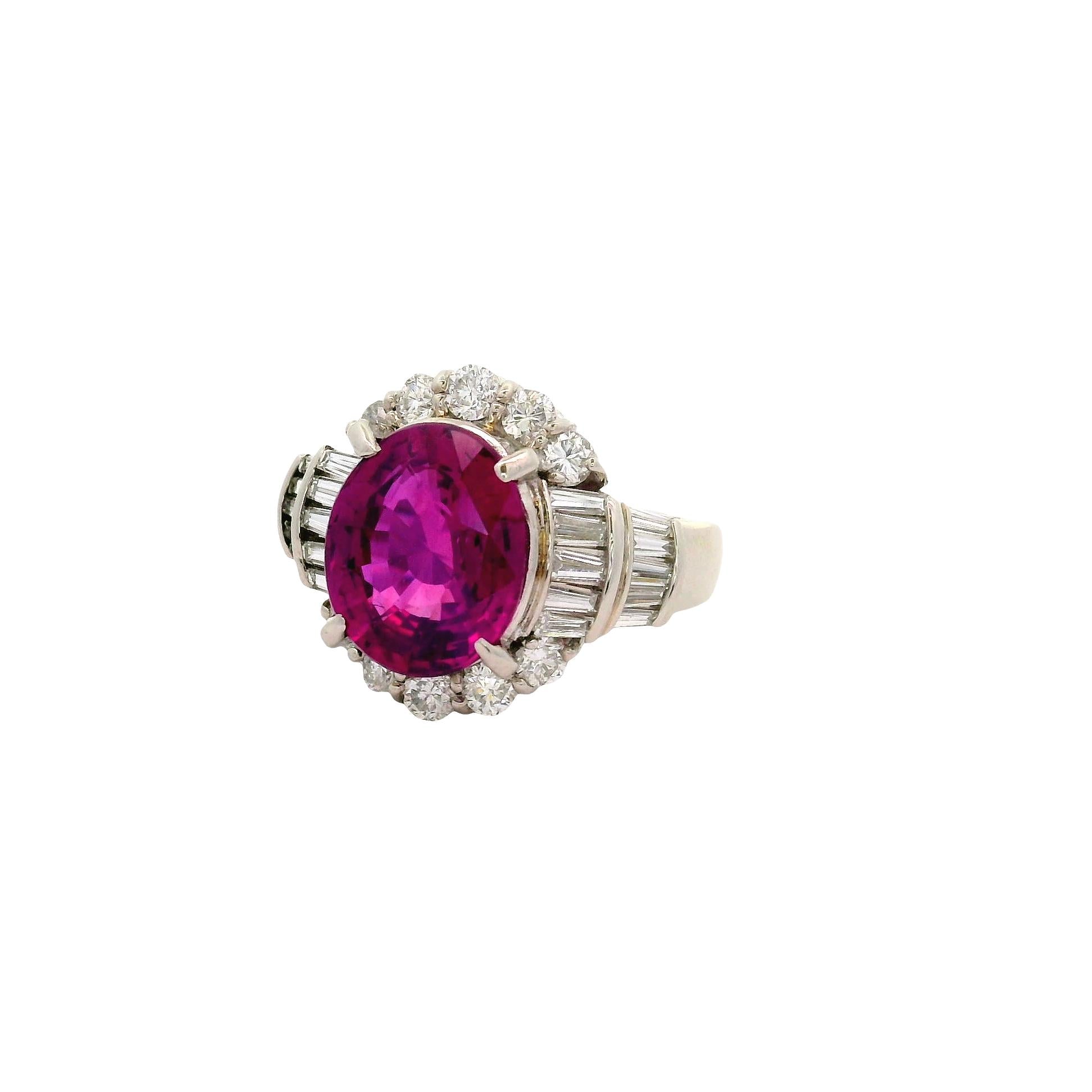 4.41 Carat Vivid Purplish Red Ruby Diamond Platinum Ring, AIGS Certified