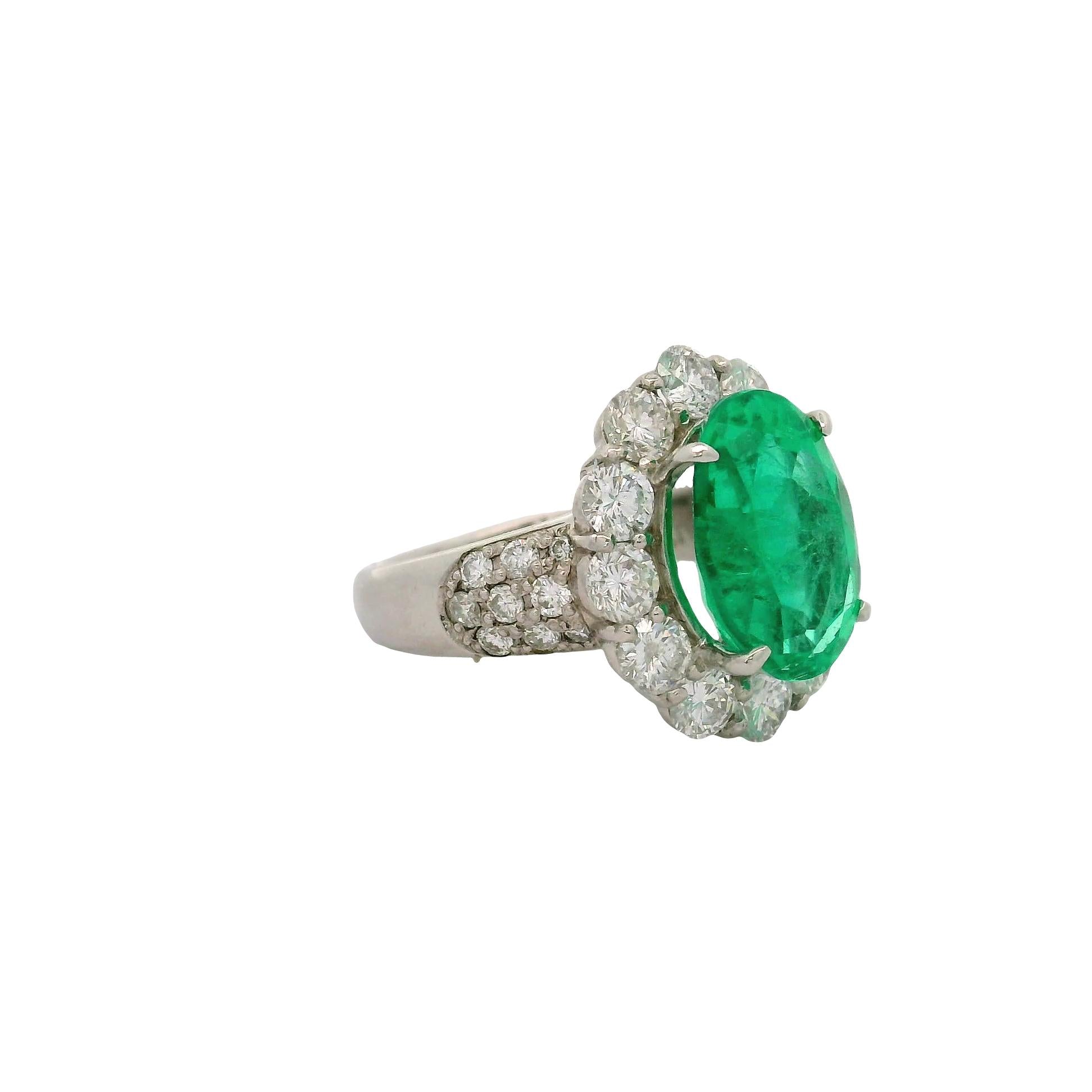4.32 Carat Colombian Emerald Diamond Platinum Halo Ring, GRS Certified