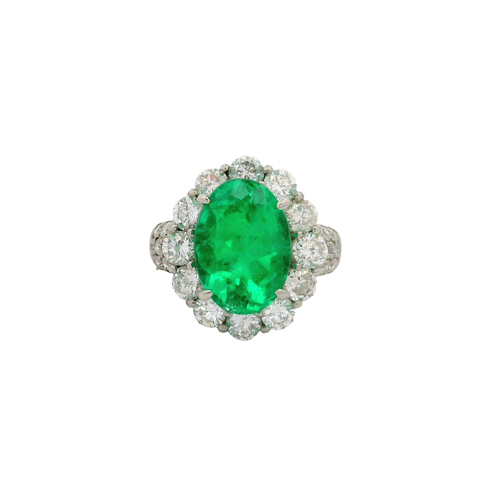 4.32 Carat Colombian Emerald Diamond Platinum Halo Ring, GRS Certified