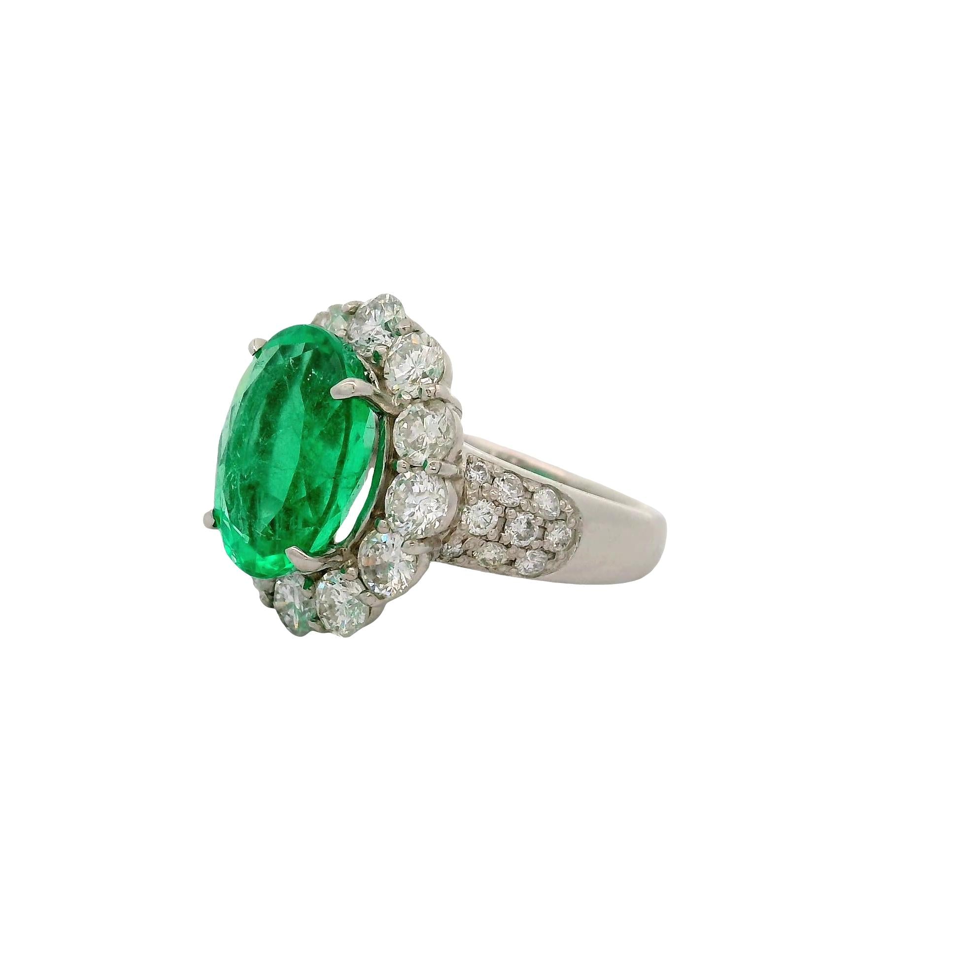 4.32 Carat Colombian Emerald Diamond Platinum Halo Ring, GRS Certified