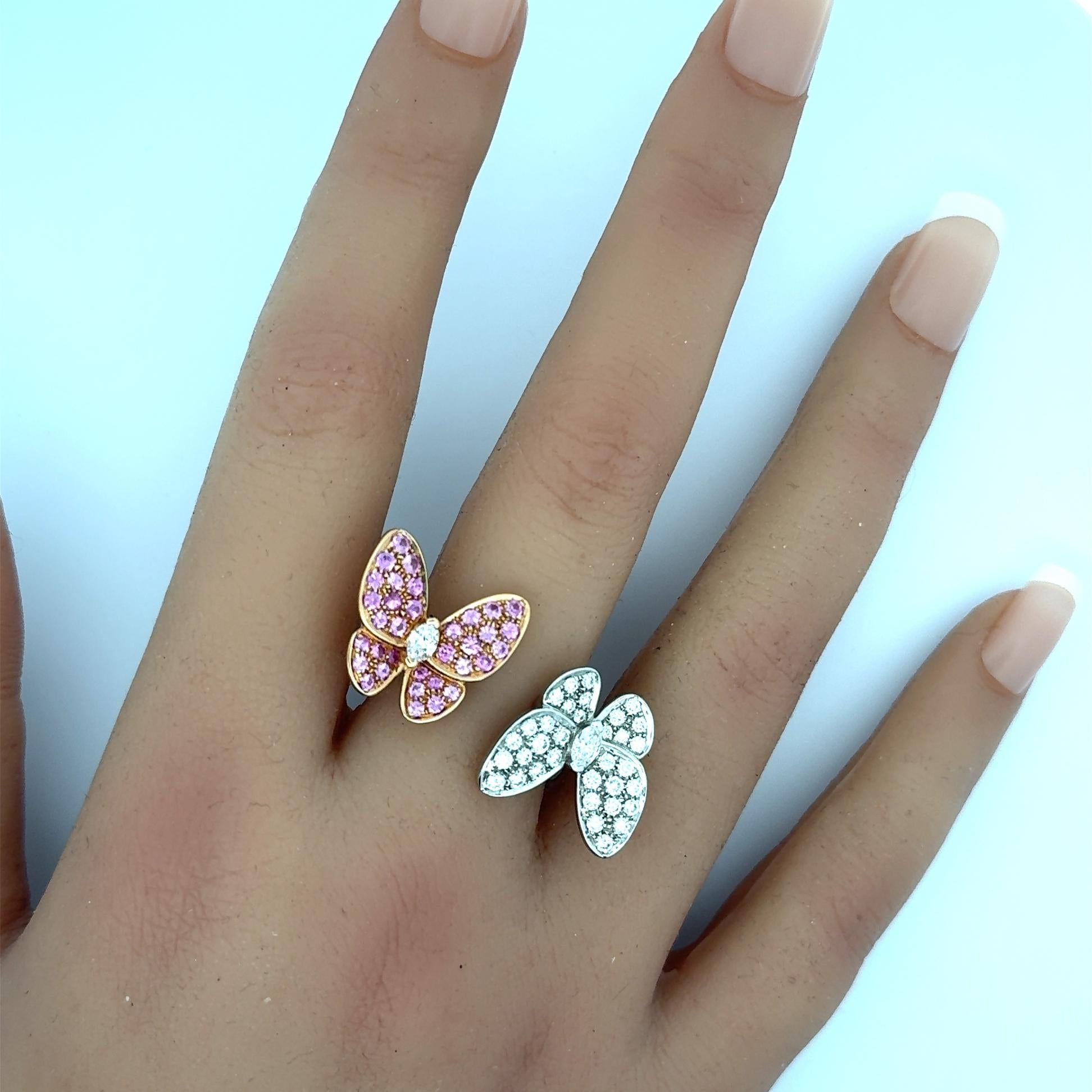 Diamond & Pink Sapphire 18k White Gold Twin Butterfly Ring
