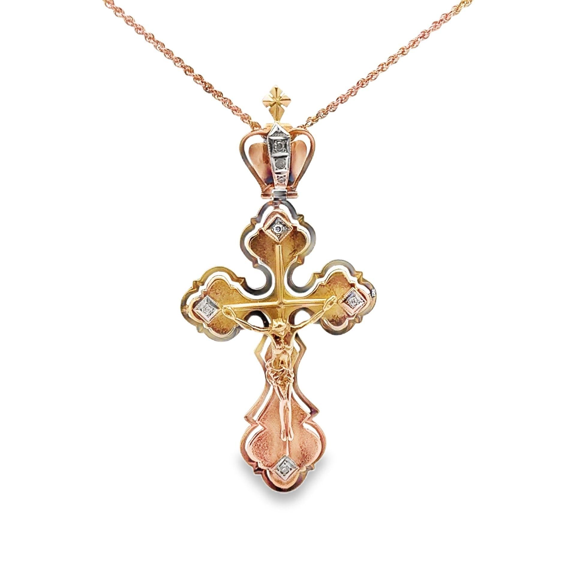 Russian 14k Yellow Gold Diamond Jesus-on-Cross Pendant Necklace, Circa 1950’s