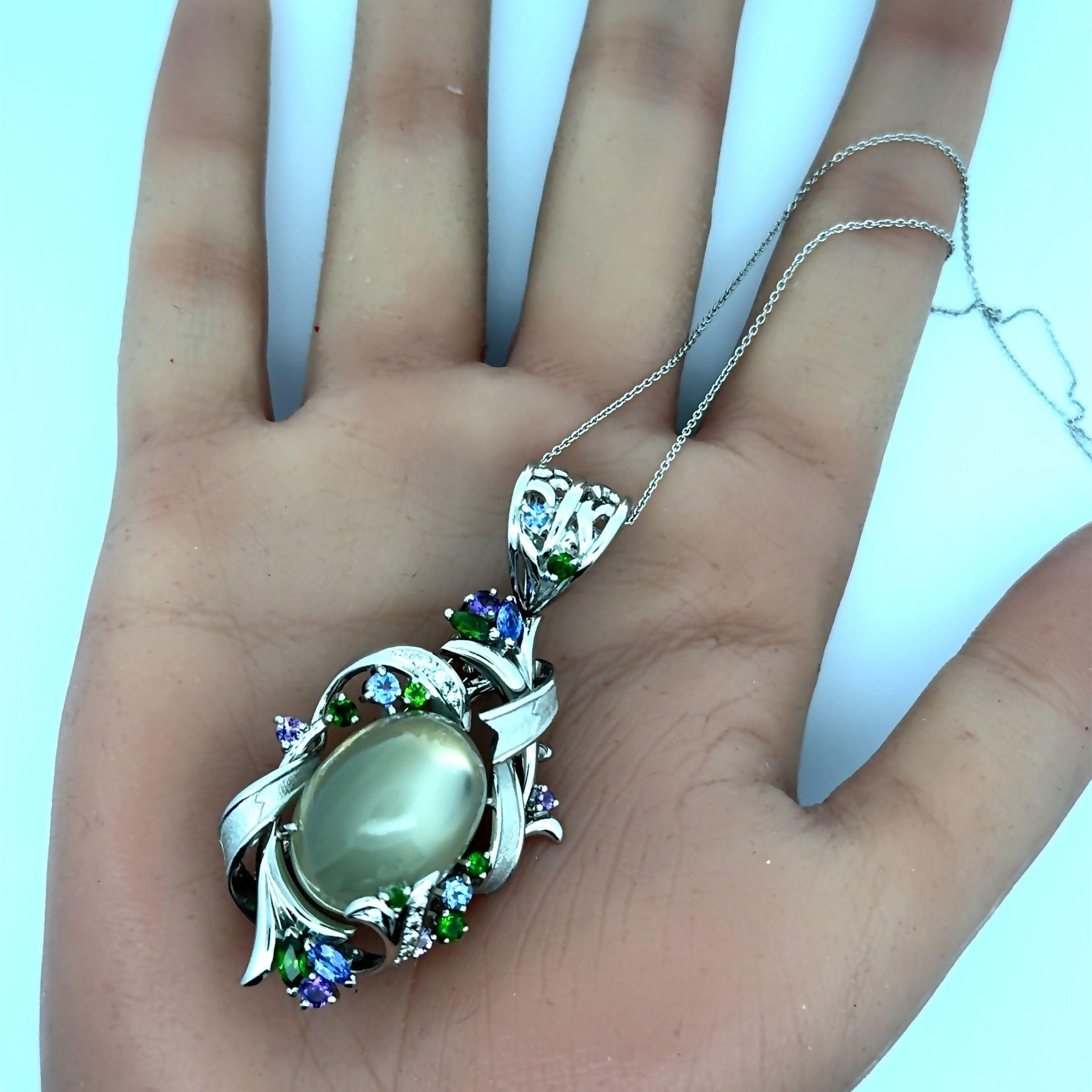 Moonstone Diamond Multi-Color Gemstone Platinum Brooch & Pendant