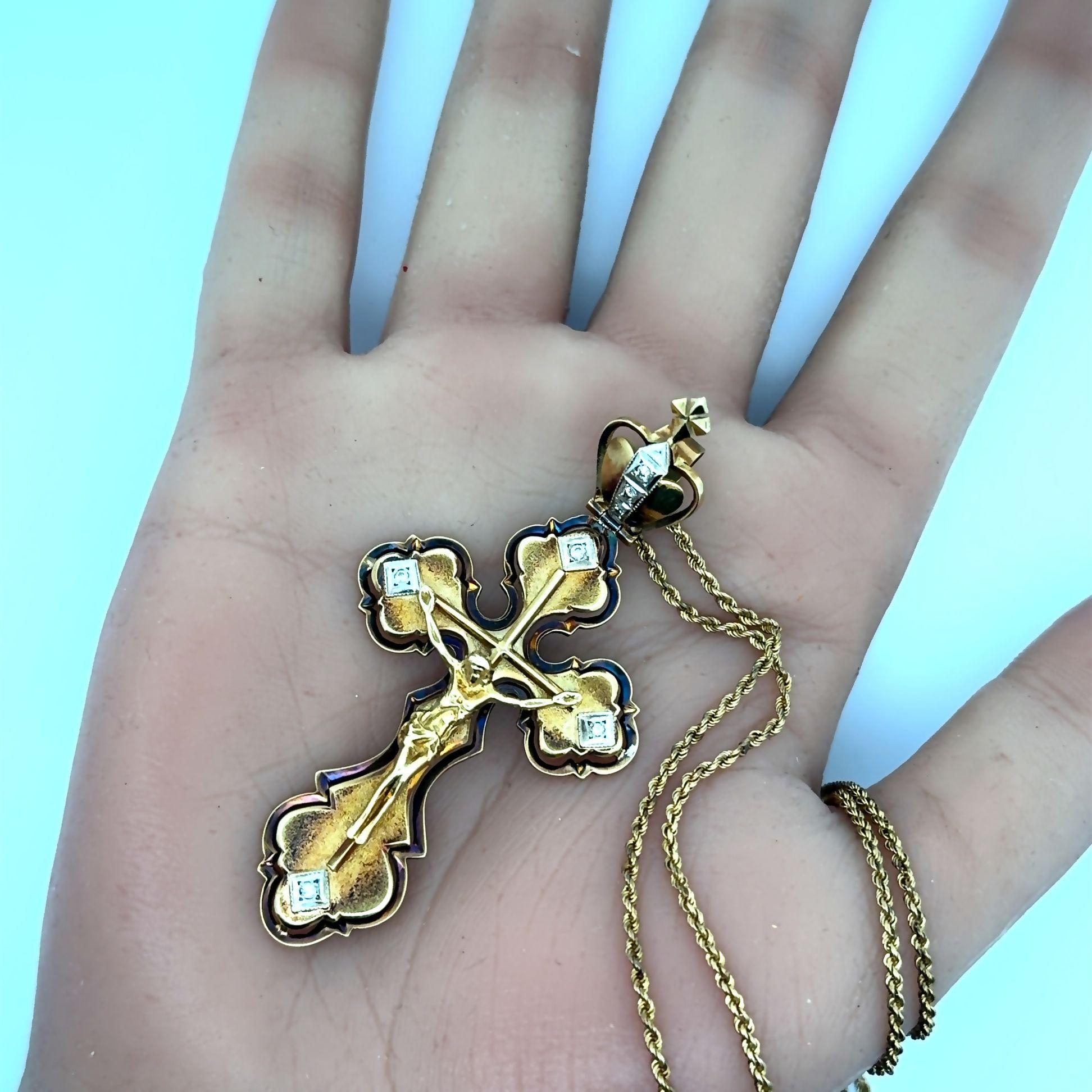 Russian 14k Yellow Gold Diamond Jesus-on-Cross Pendant Necklace, Circa 1950’s