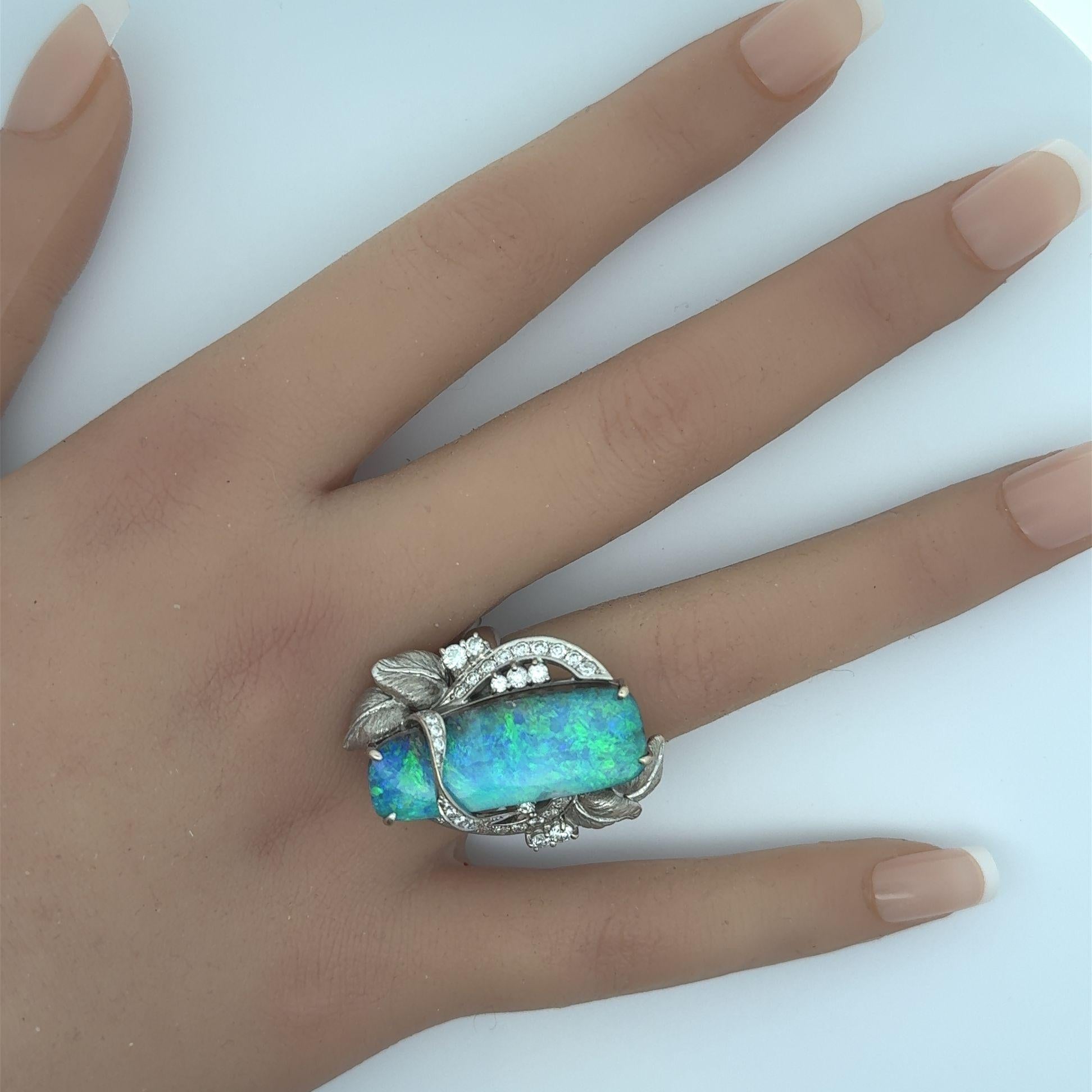 16.39 Carat Australian Boulder Opal Diamond Platinum Floral Cocktail Ring