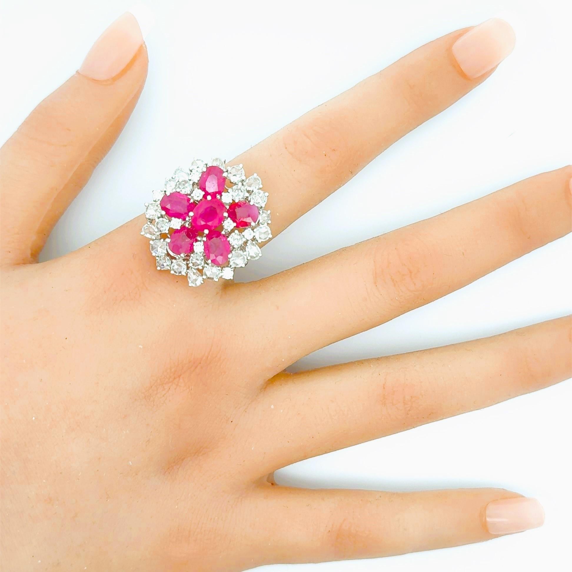 Ruby Diamond Cluster 18k White Gold Sunburst Ring