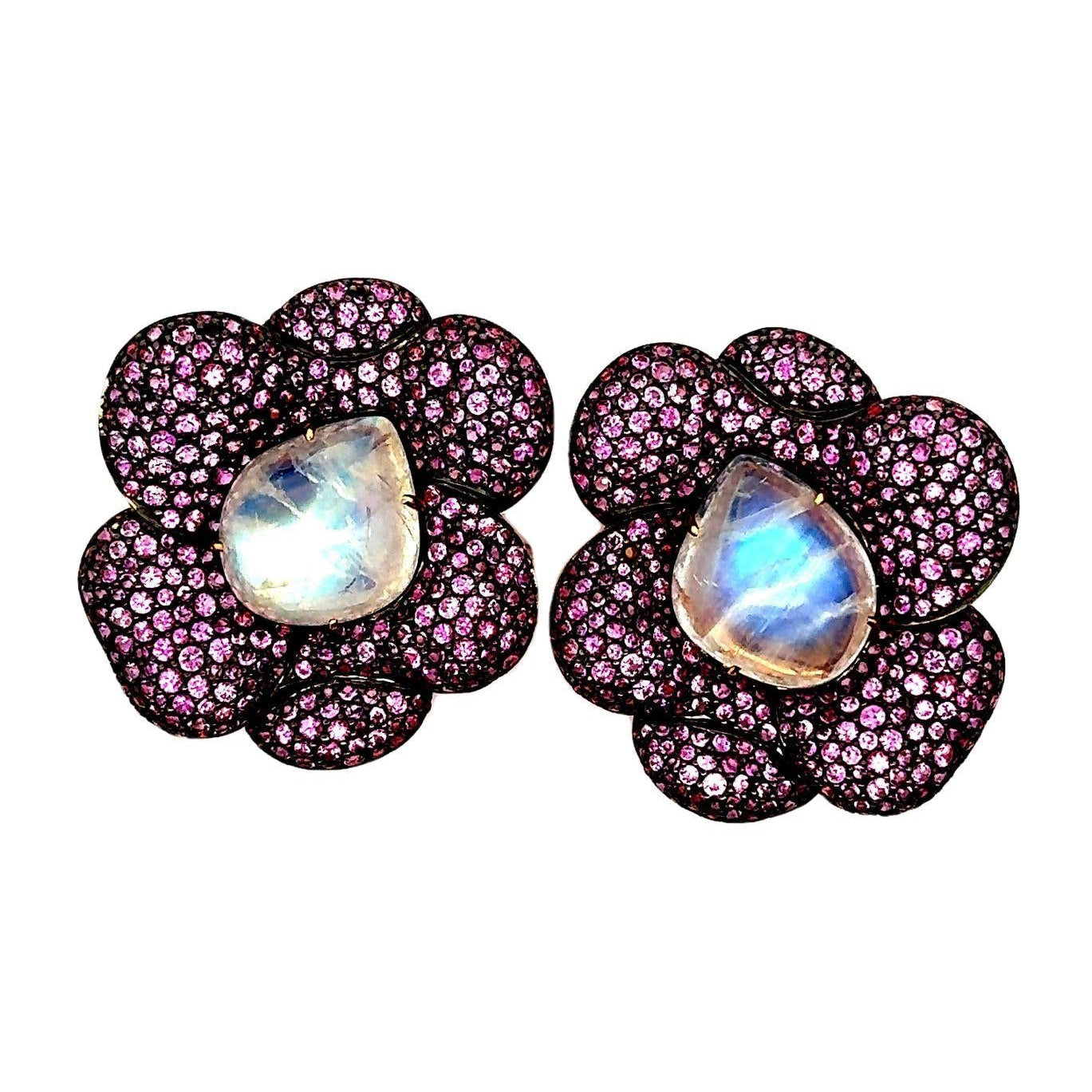 Moonstone Pink Sapphire 18k Rose-Gold Floral Earrings