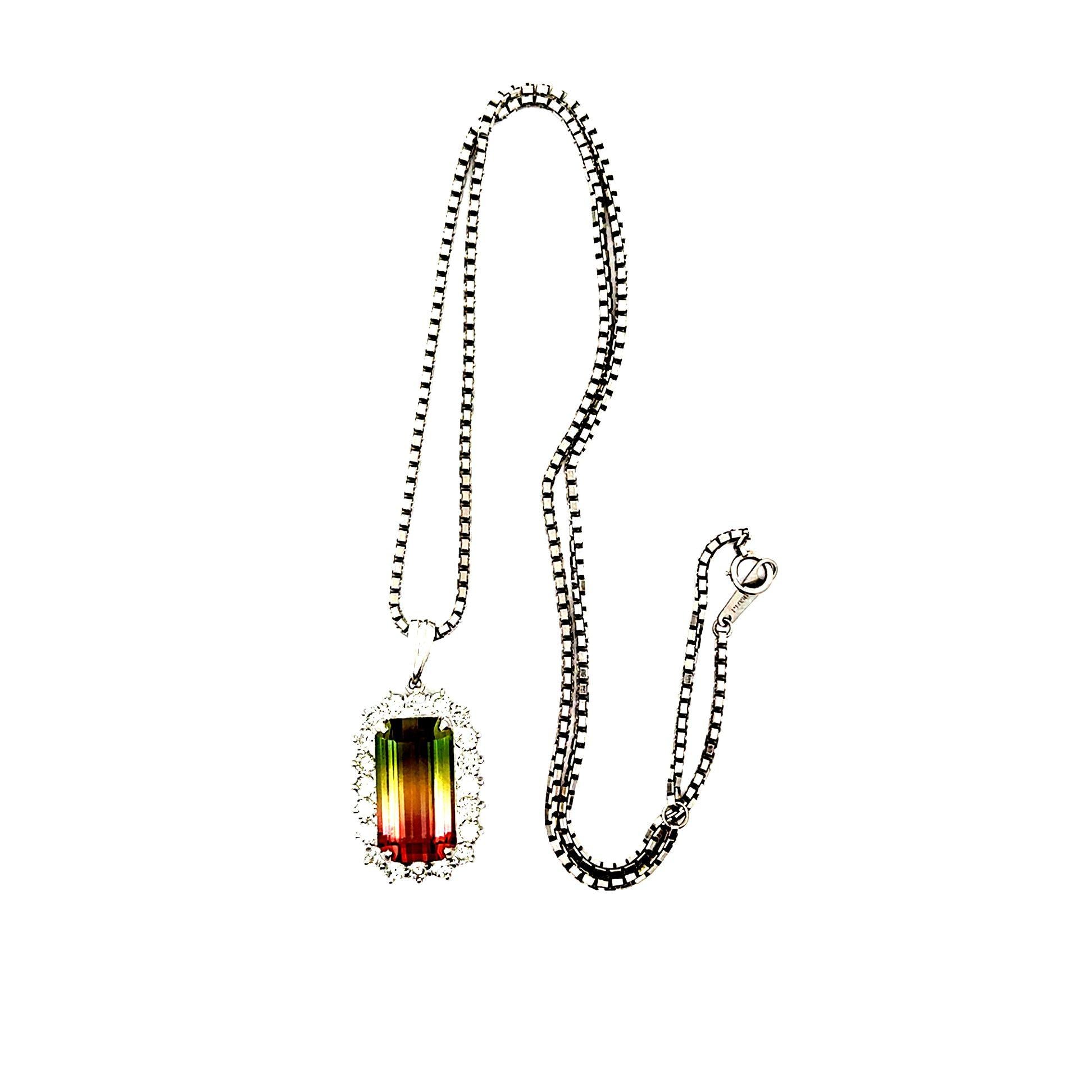 12.53 Carat Watermelon Tourmaline Diamond-Halo Platinum Pendant Necklace