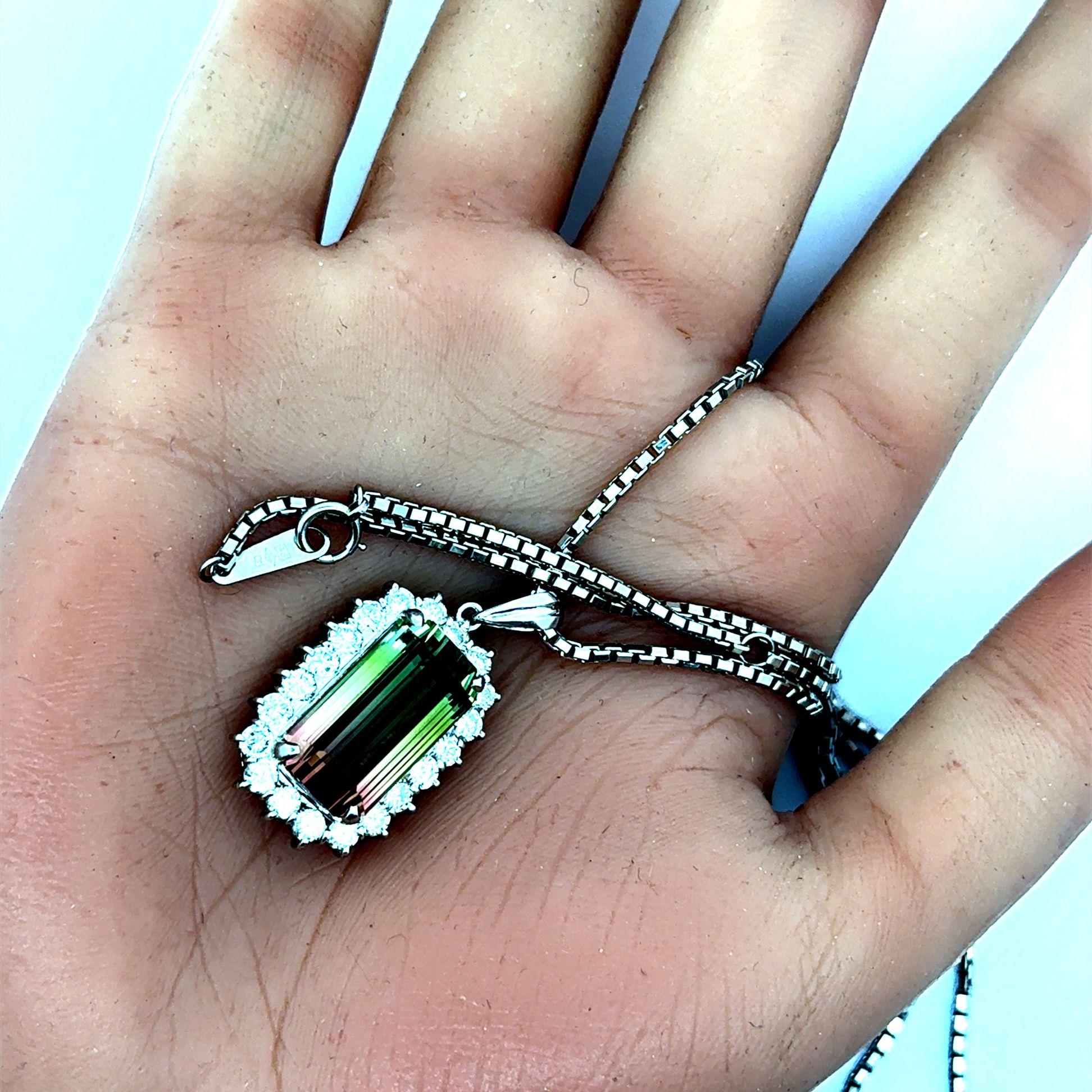 12.53 Carat Watermelon Tourmaline Diamond-Halo Platinum Pendant Necklace