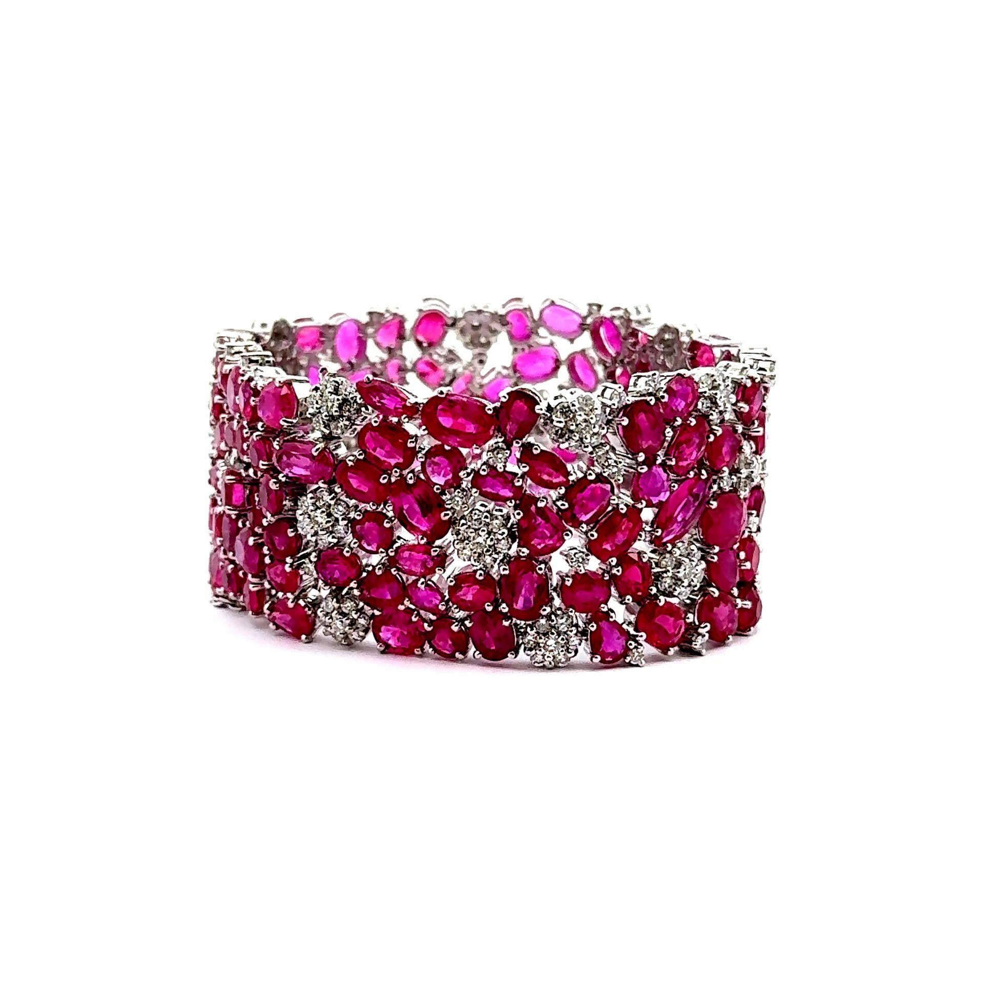 Wide Ruby Diamond 18k White Gold Cluster Bracelet