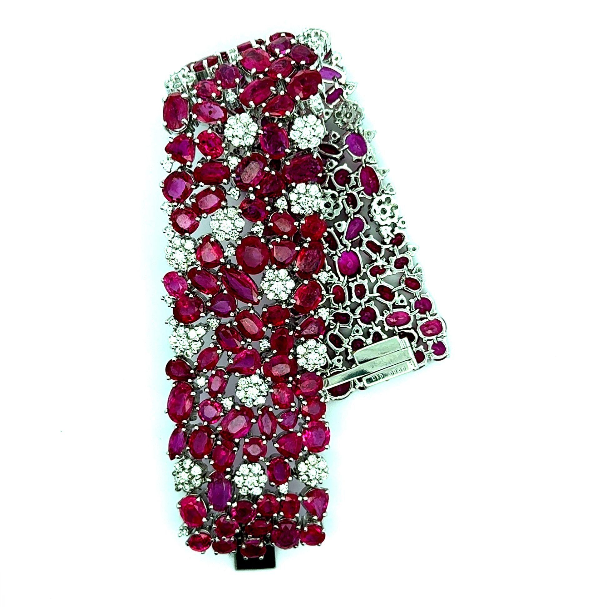 Wide Ruby Diamond 18k White Gold Cluster Bracelet