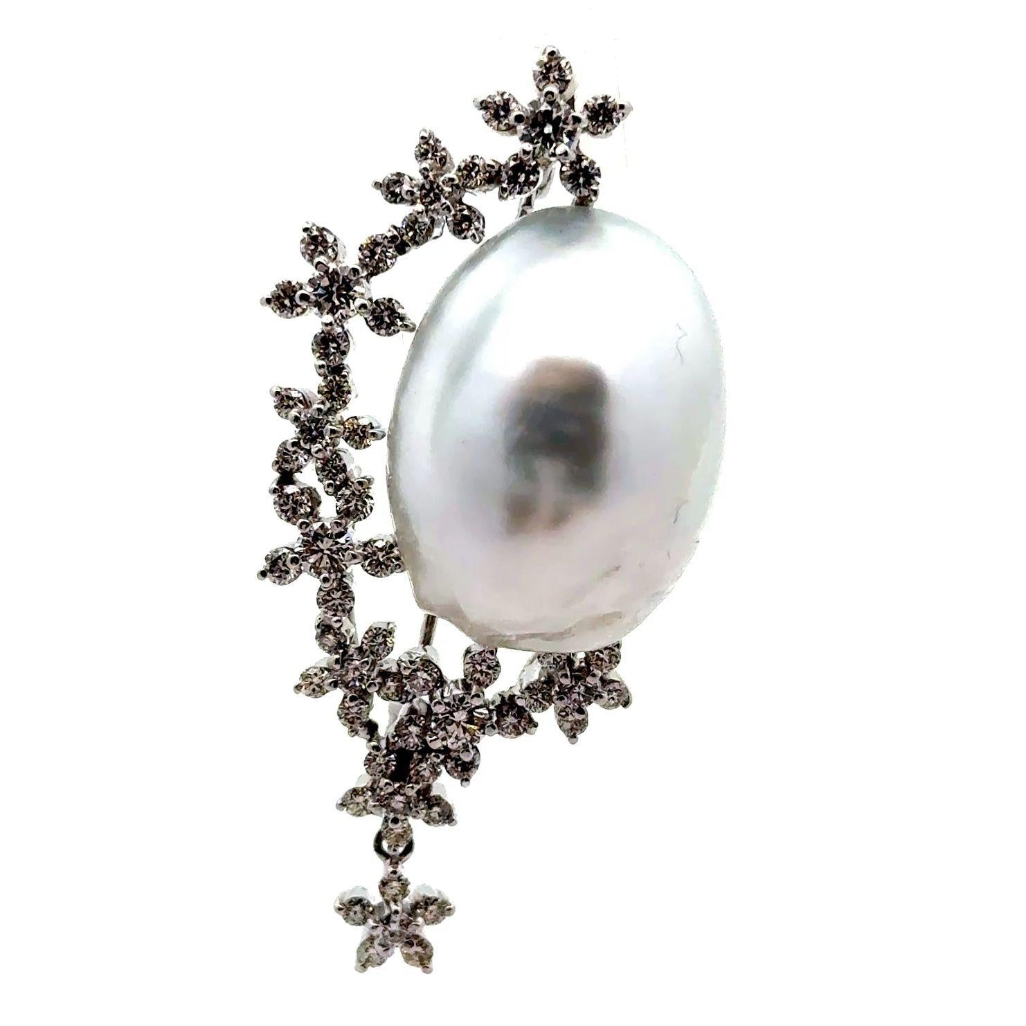 South Sea Baroque Pearl Diamond 18k & 14k White Gold Brooch-Pendant