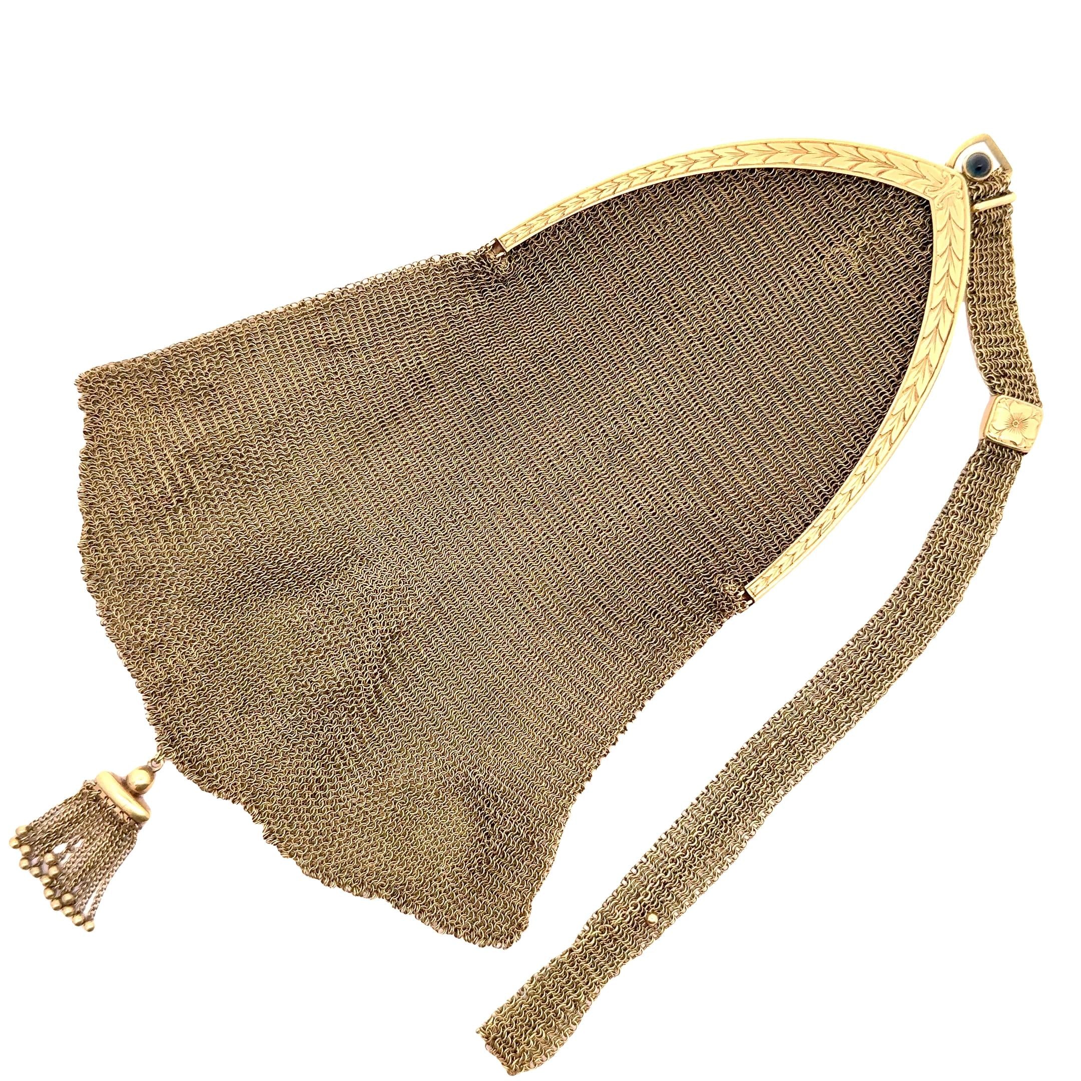 Cabochon Emerald Victorian 14k Gold Mesh Bag