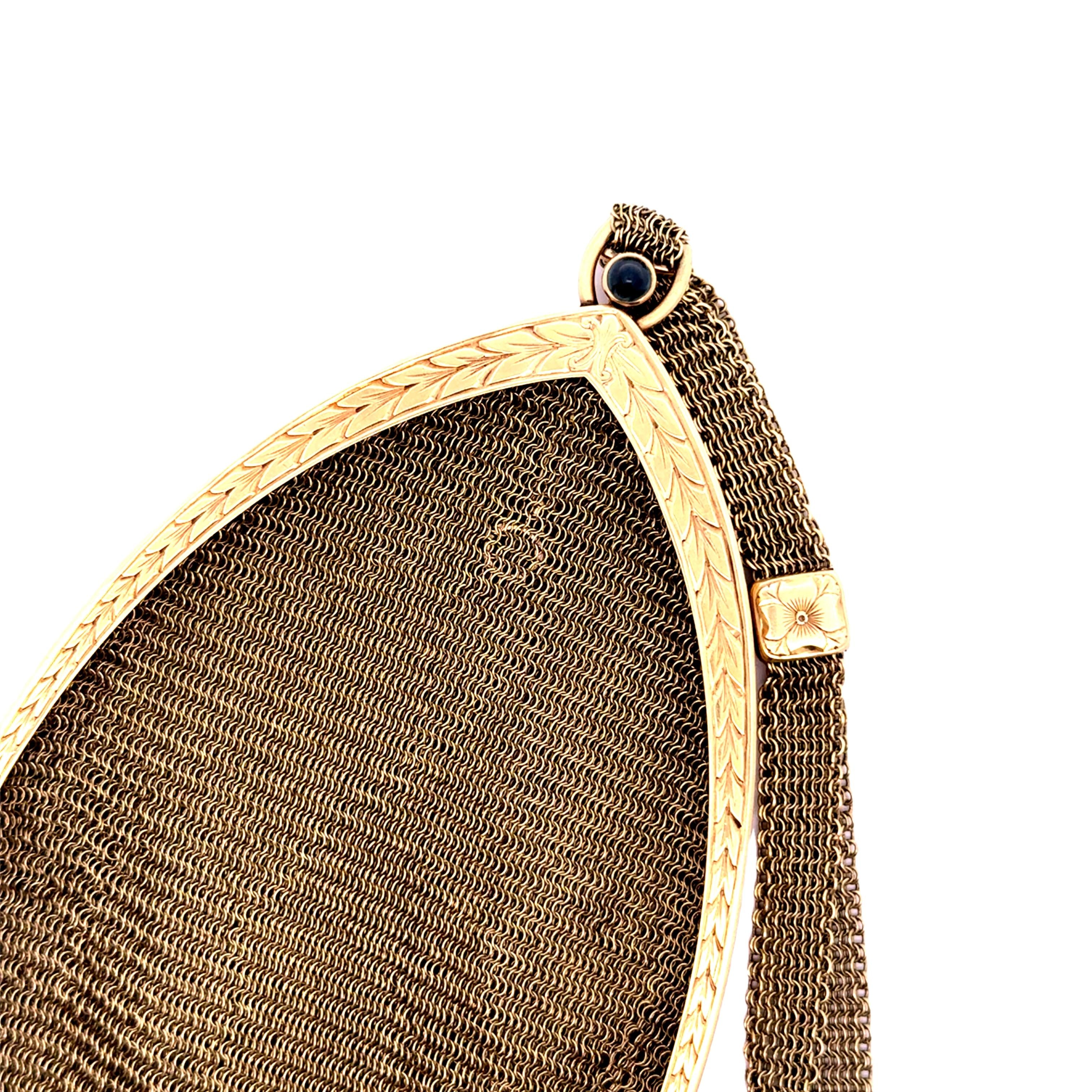 Cabochon Emerald Victorian 14k Gold Mesh Bag