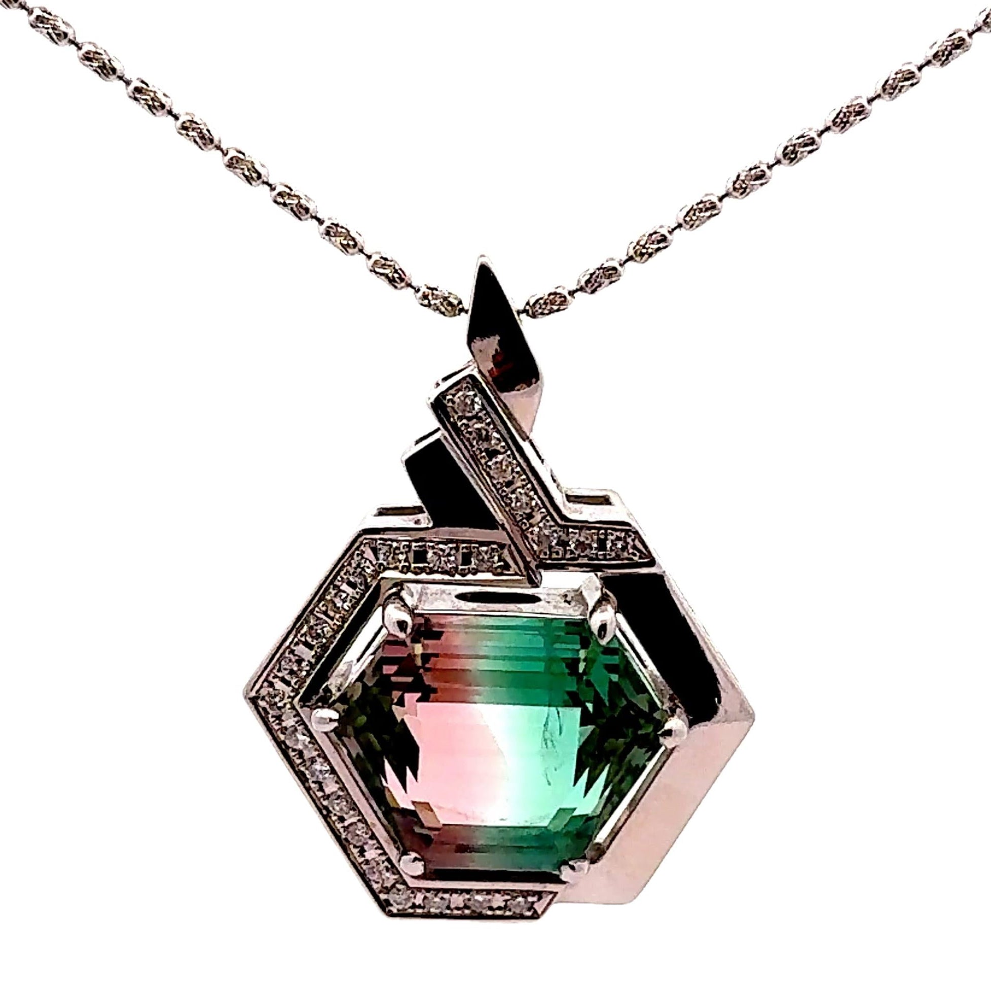 23.32 Carat Bi-color Tourmaline Diamond Platinum Hexagon Pendant