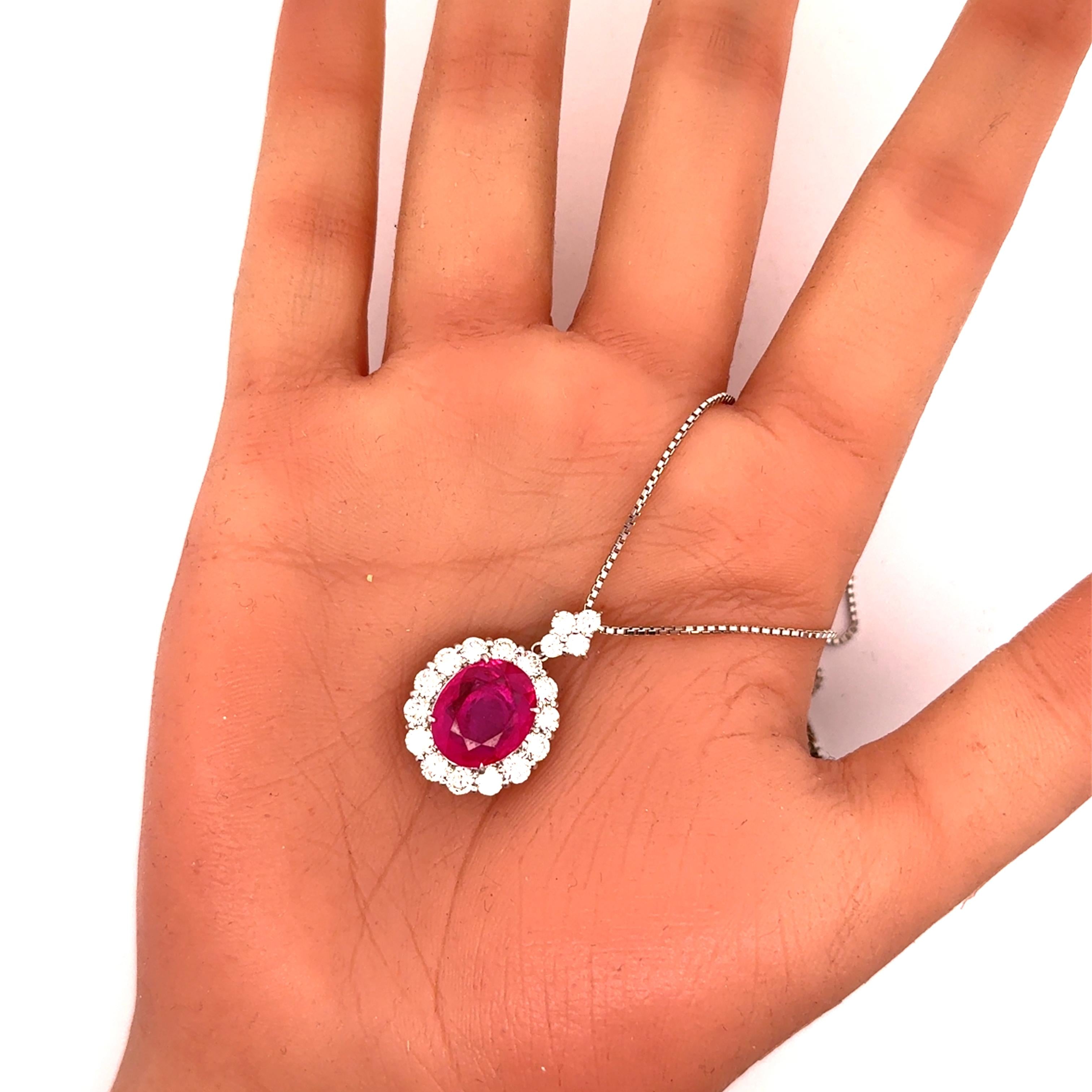 7.01 Carat Burmese Ruby Diamond Halo Platinum Pendant Necklace, GRS Certified