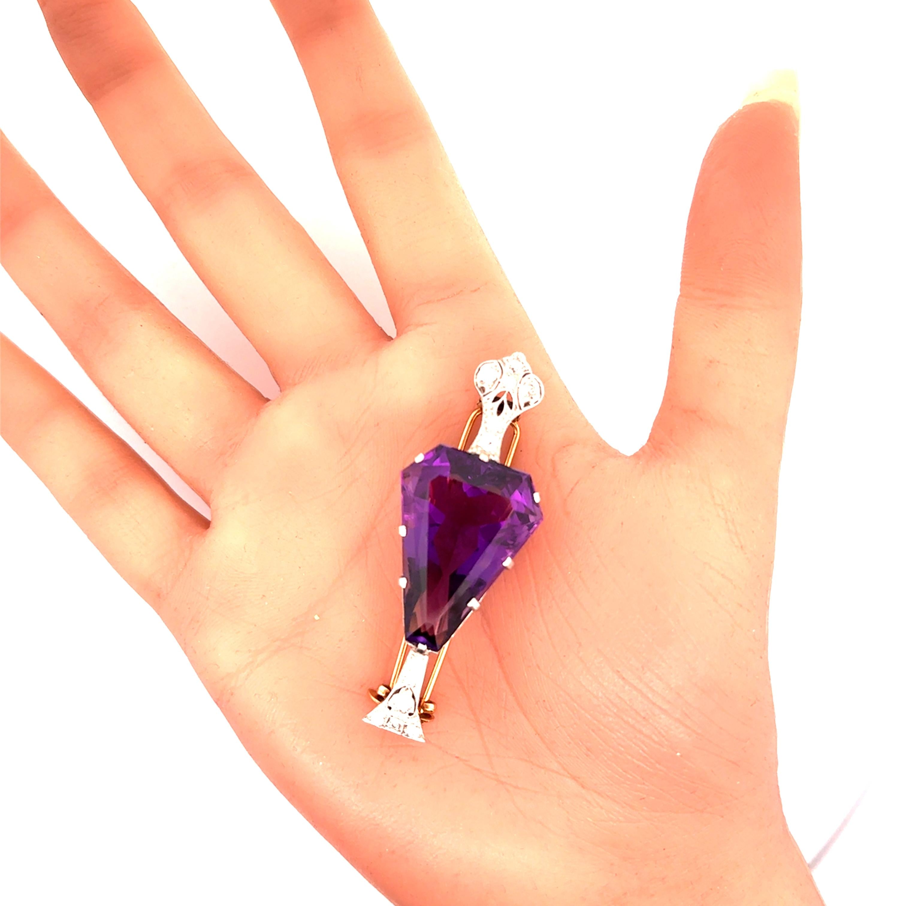 Antique 35.00 Carat Amethyst Diamond Platinum & 14k Yellow Gold Brooch