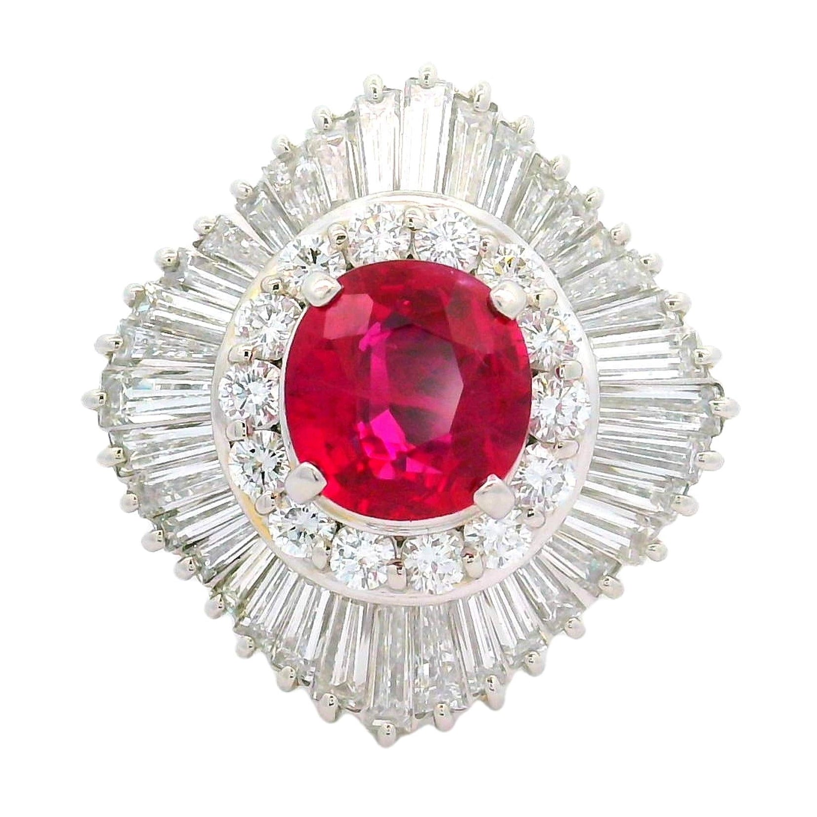 2.63 Carat Thai Ruby Diamond Ballerina Platinum Ring, GRS Certified
