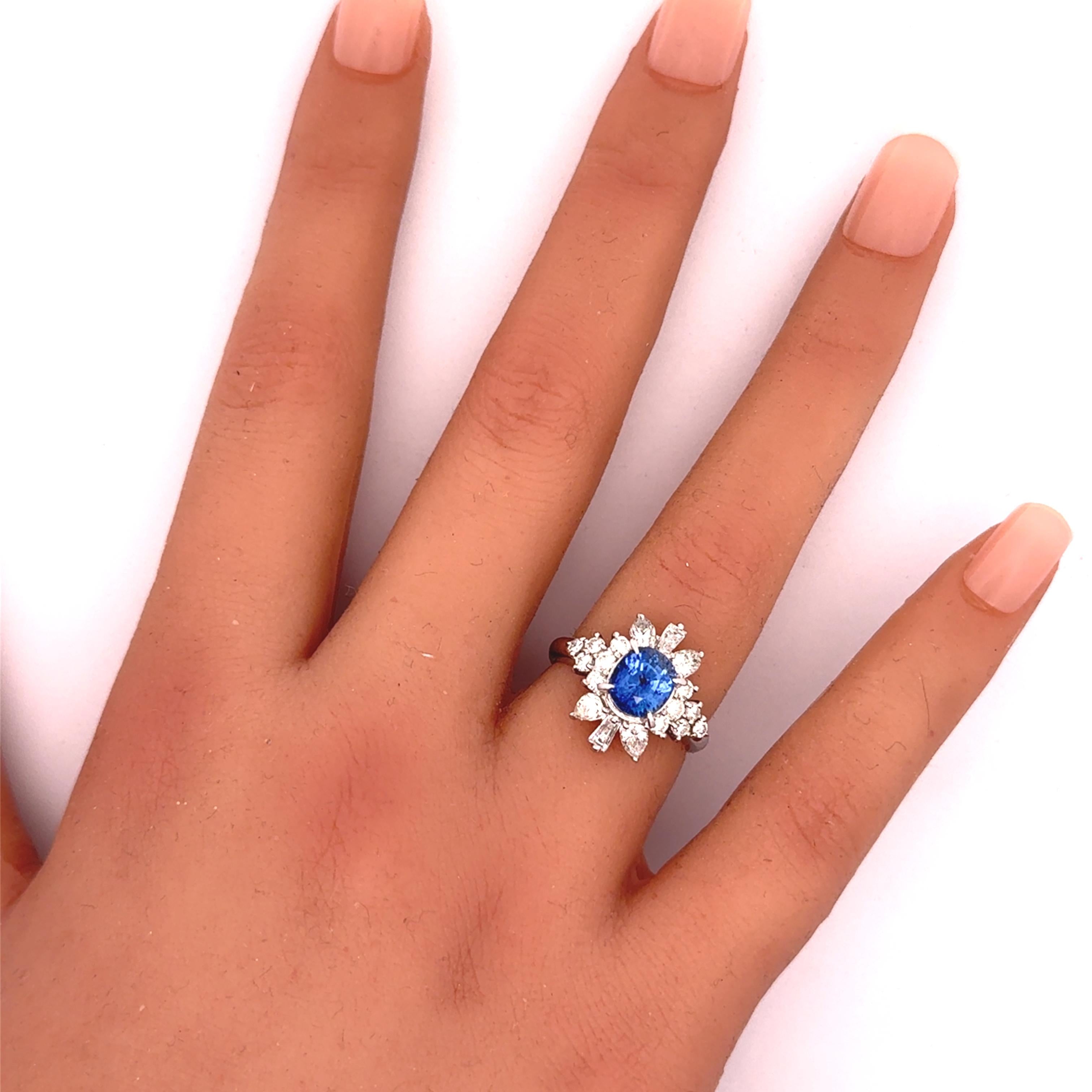 2.29 Carat Blue Sapphire Diamond Platinum Starburst Ring