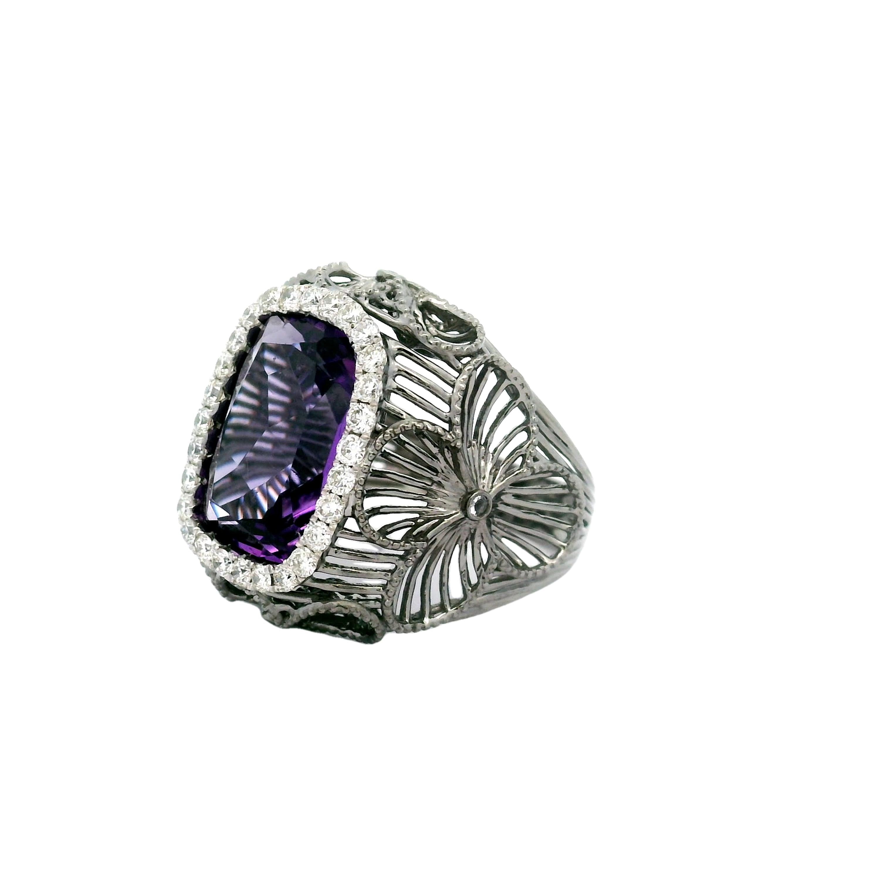 5.88 Carat Amethyst Aquamarine Diamond 18k Rhodium Gold Halo Ring