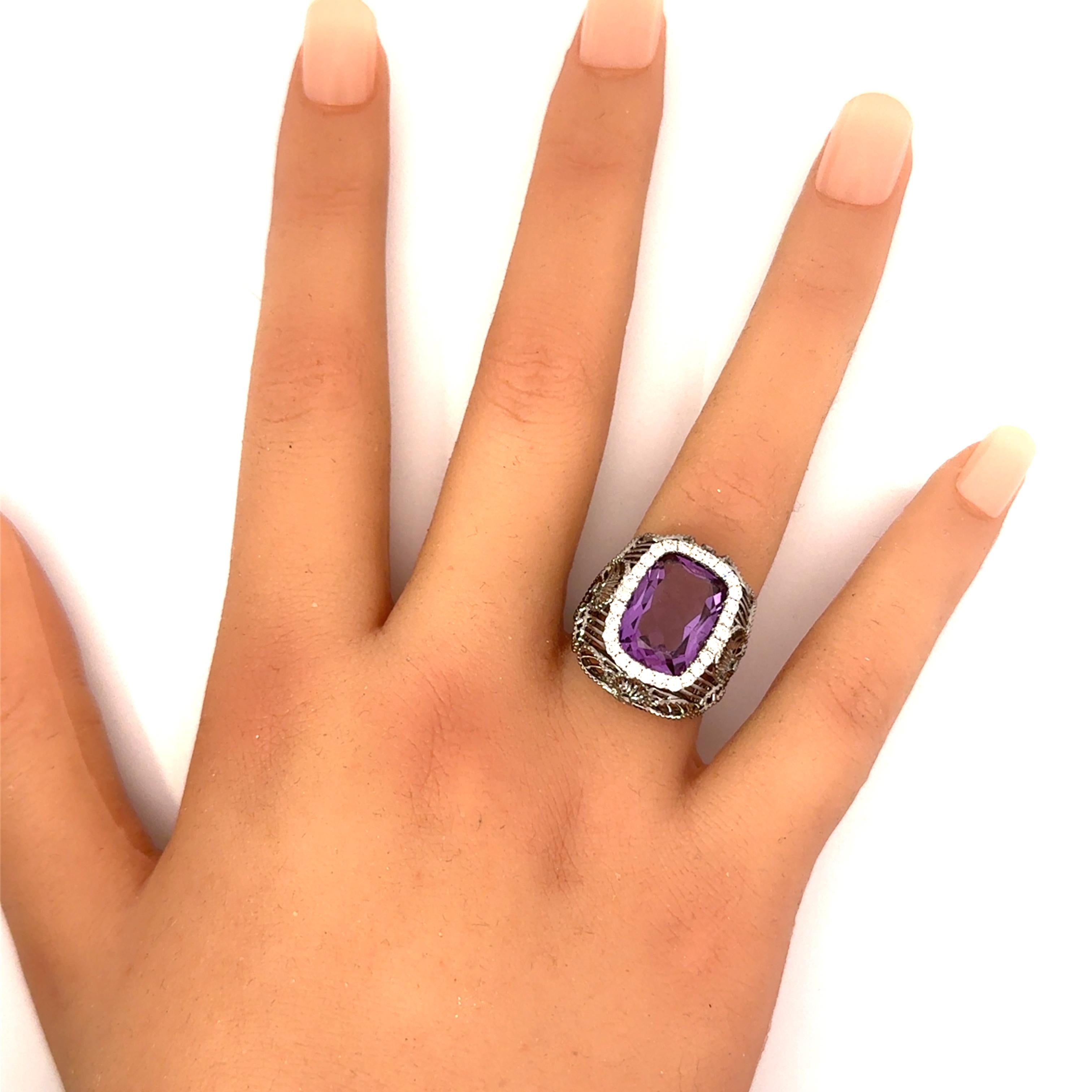 5.88 Carat Amethyst Aquamarine Diamond 18k Rhodium Gold Halo Ring