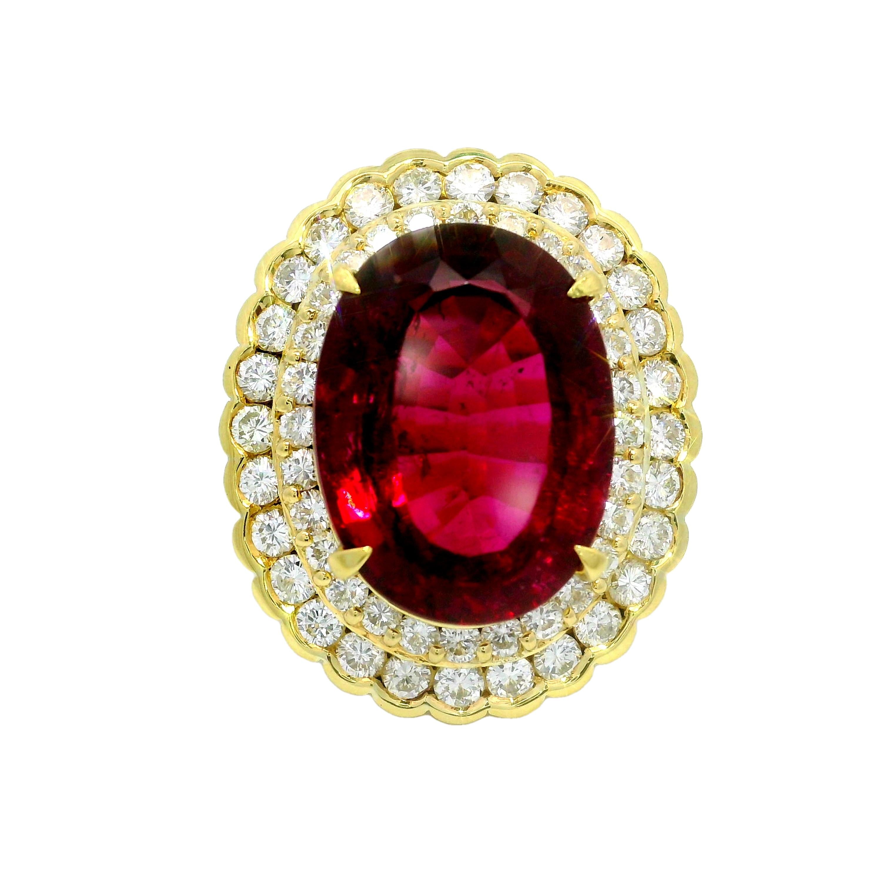 15.74 Rubellite Tourmaline Diamond Double Halo 18k Yellow Gold Cocktail Ring