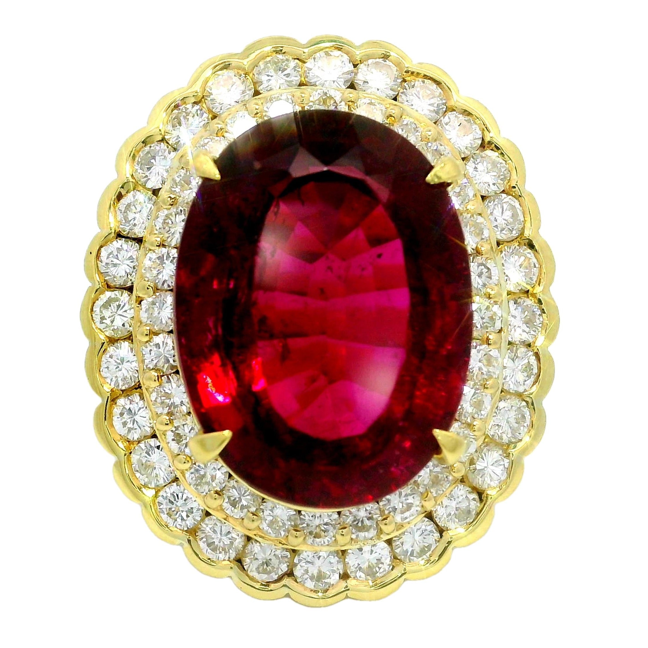 15.74 Rubellite Tourmaline Diamond Double Halo 18k Yellow Gold Cocktail Ring