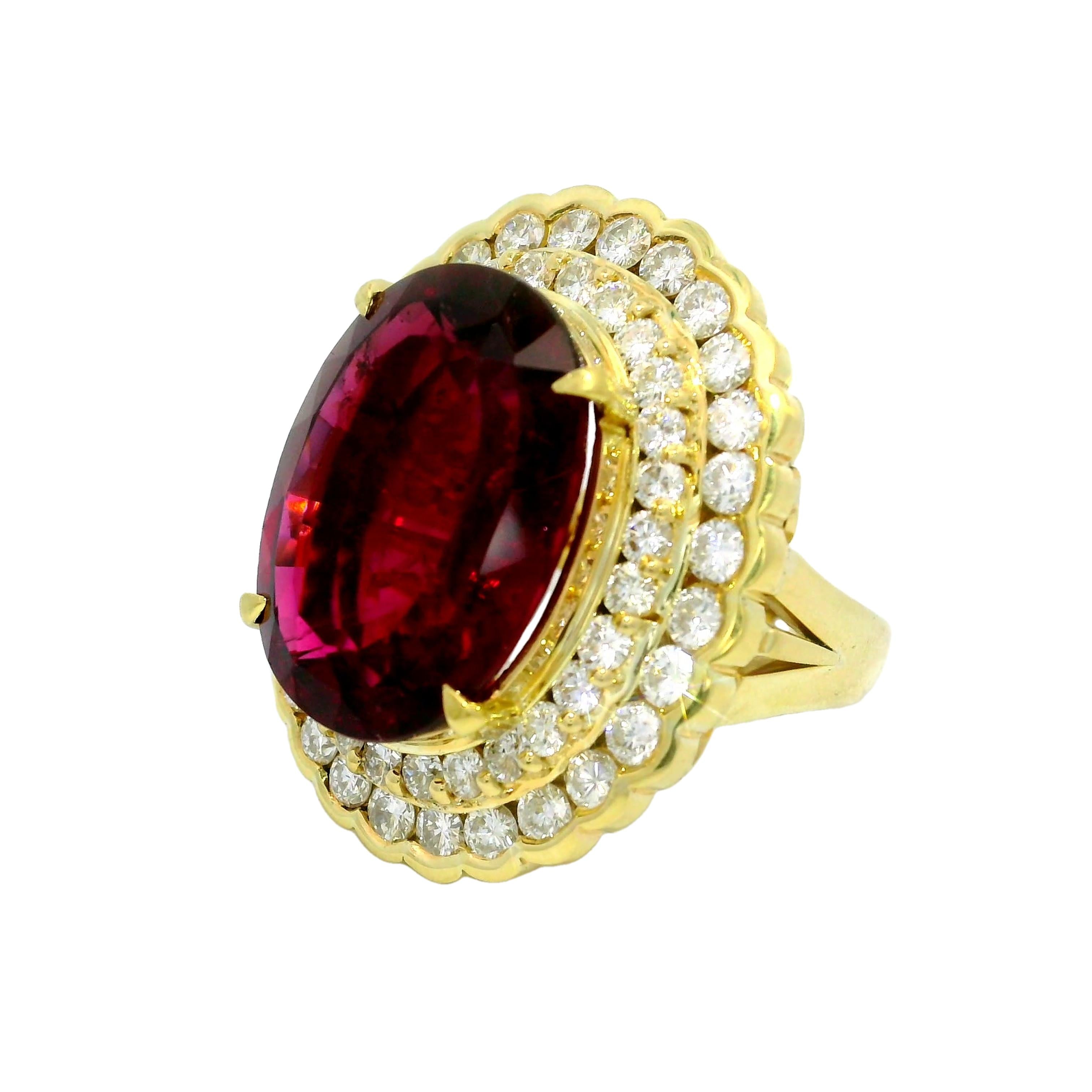 15.74 Rubellite Tourmaline Diamond Double Halo 18k Yellow Gold Cocktail Ring