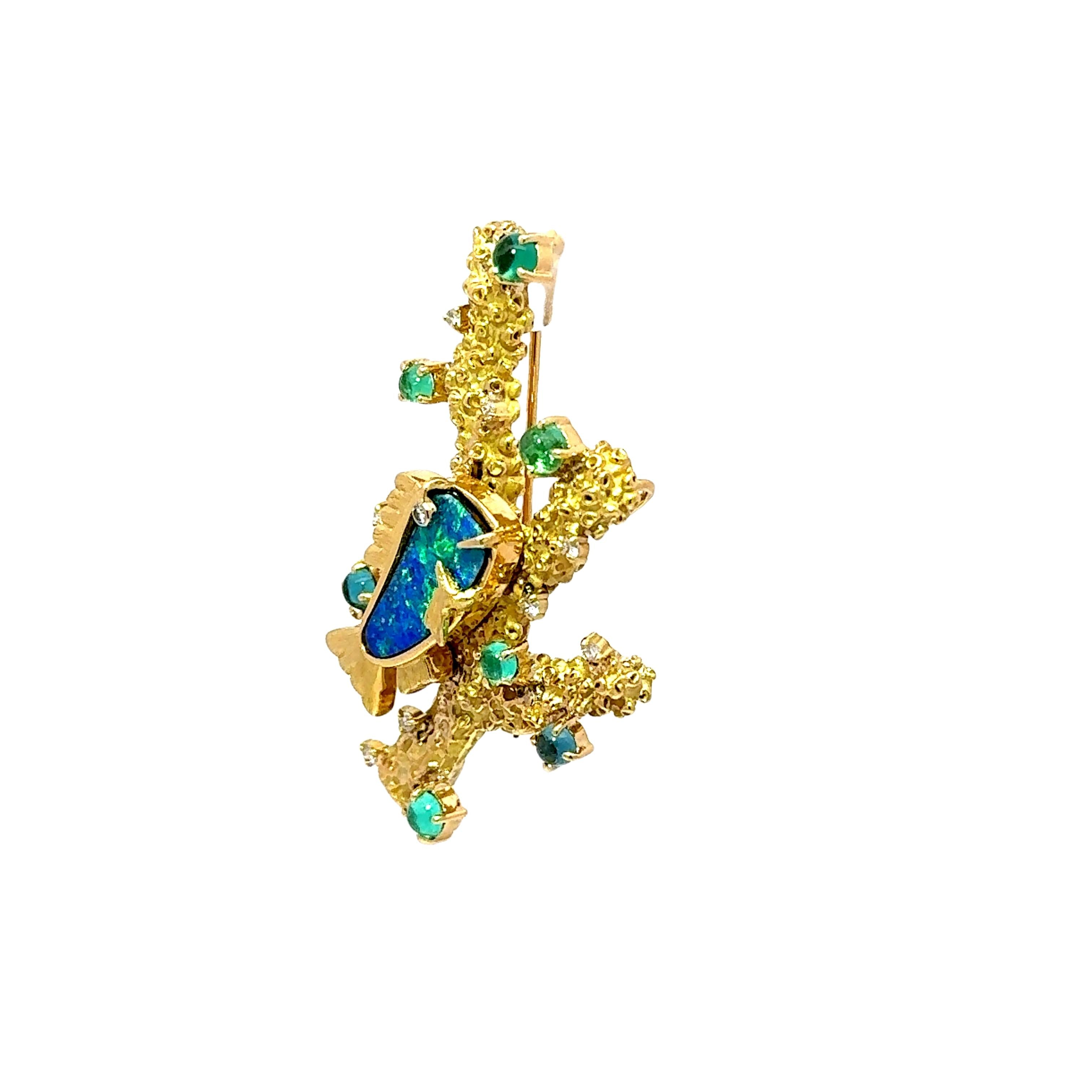 Boulder Opal Tourmaline Paraiba Diamond 18k Yellow Gold Fish Coral Brooch