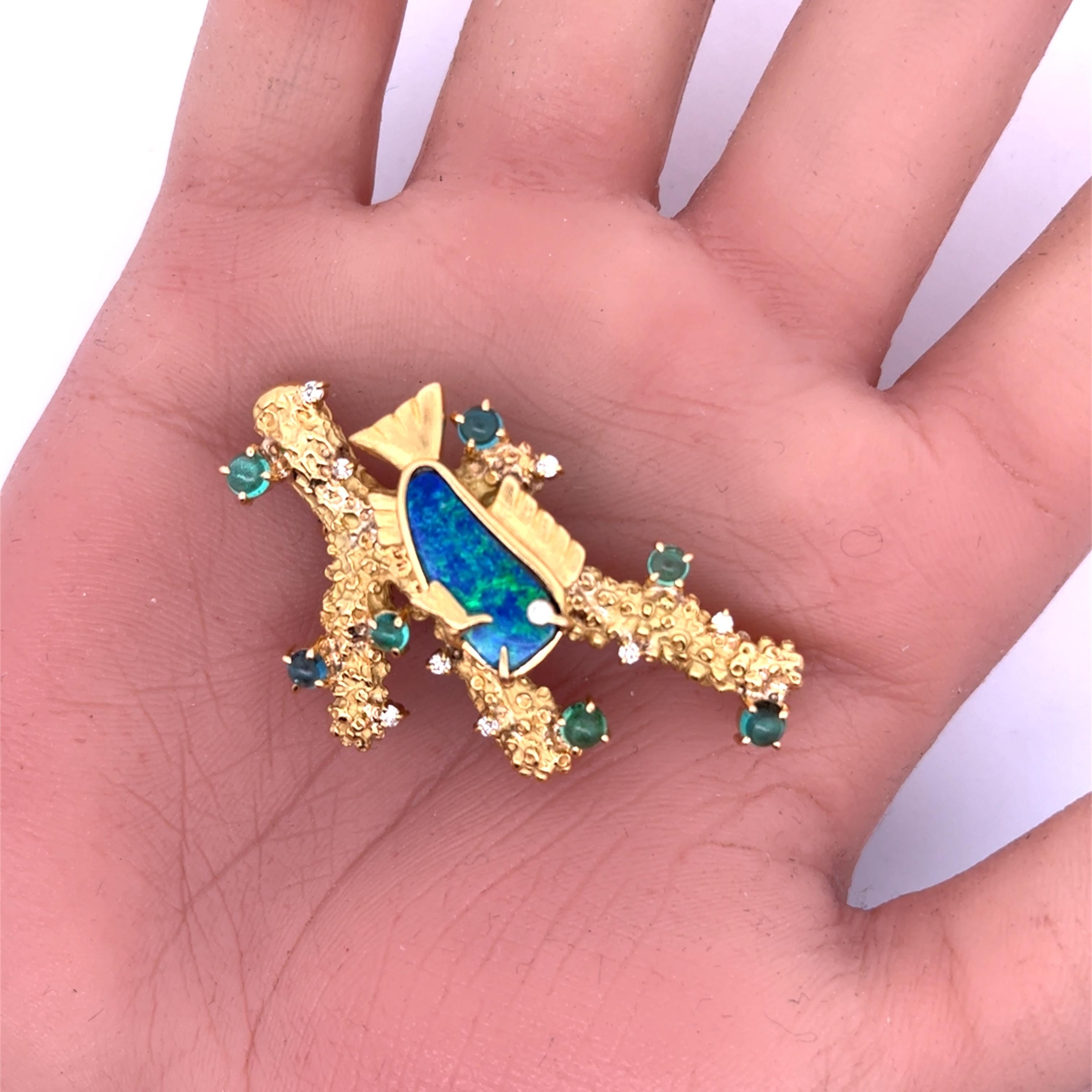 Boulder Opal Tourmaline Paraiba Diamond 18k Yellow Gold Fish Coral Brooch