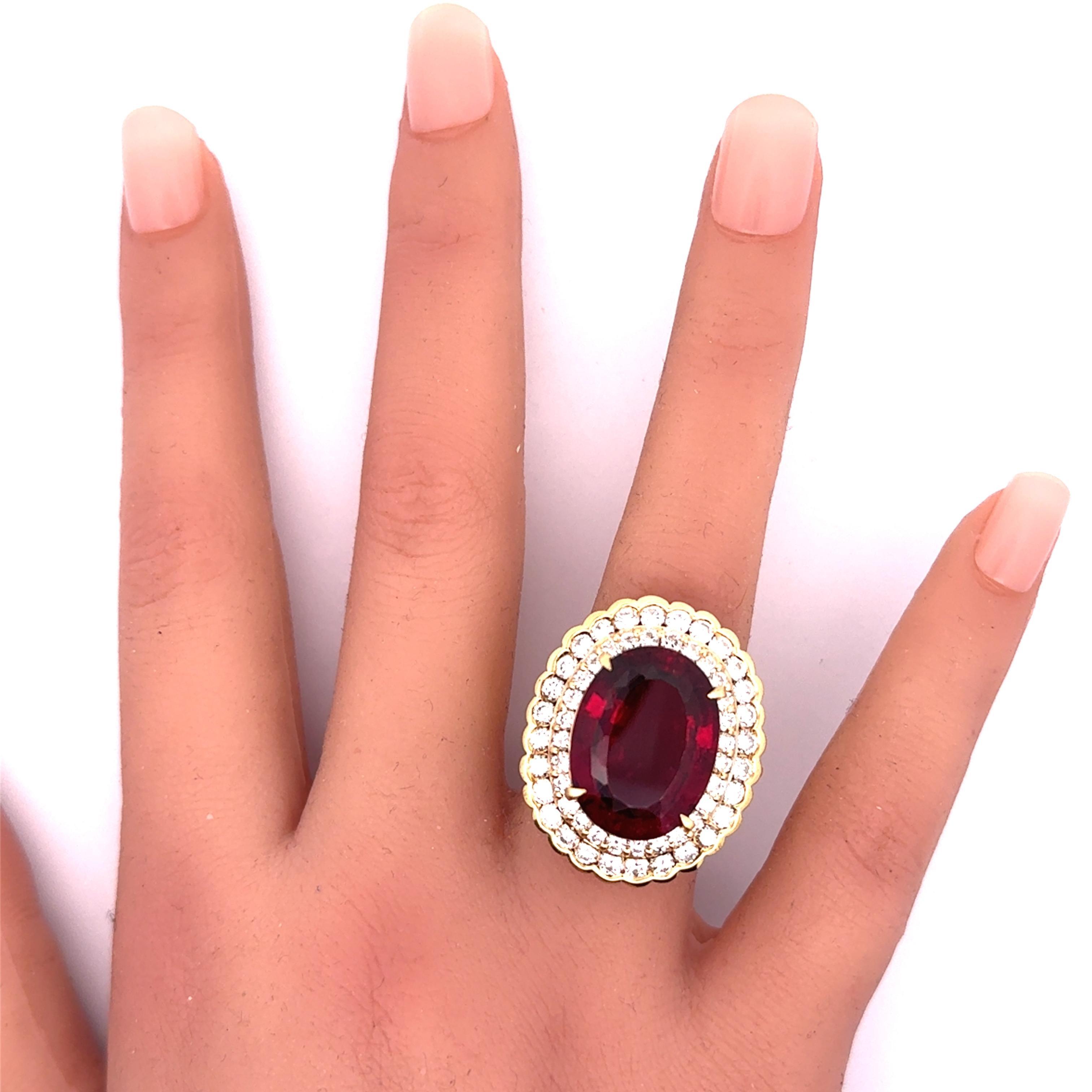 15.74 Rubellite Tourmaline Diamond Double Halo 18k Yellow Gold Cocktail Ring