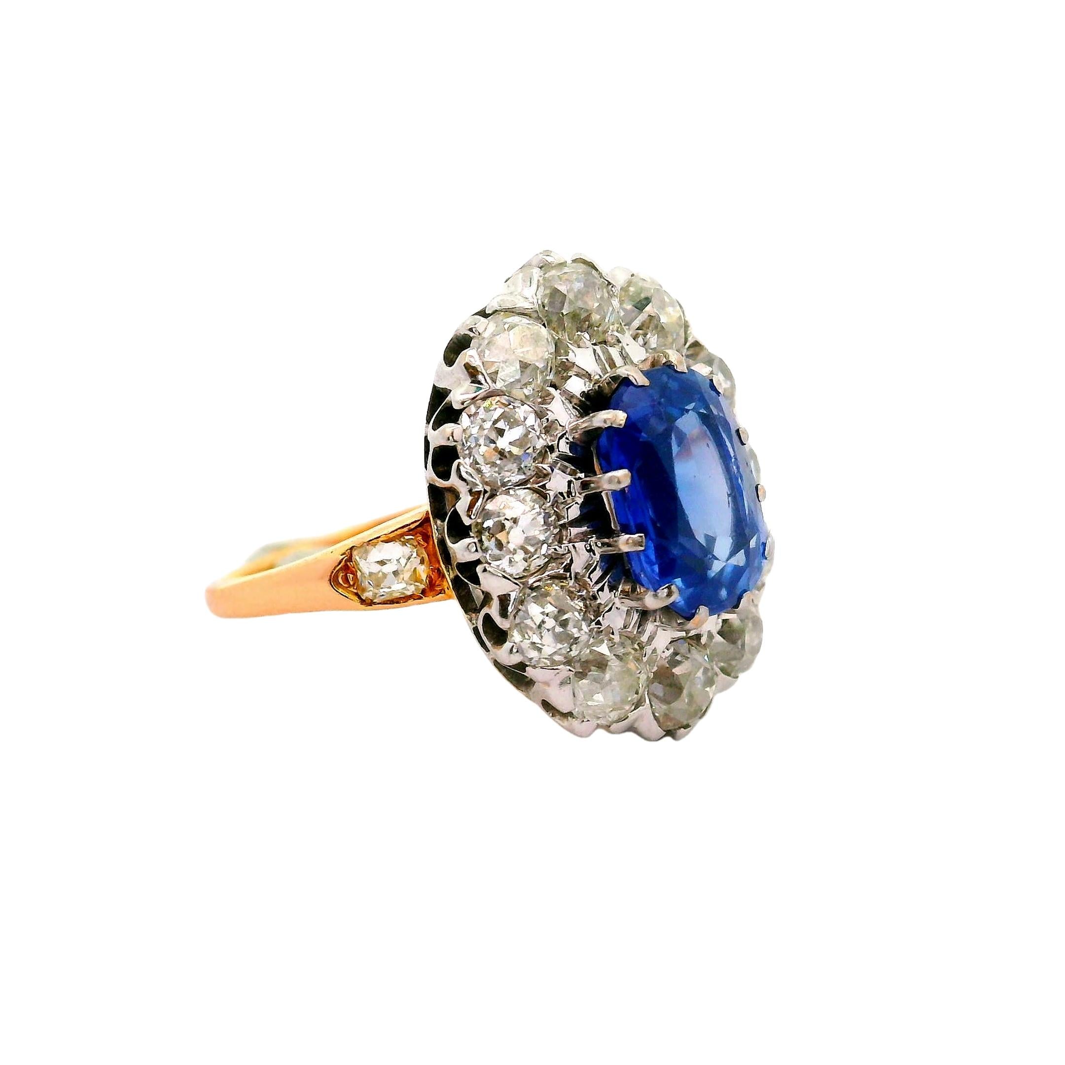 French Antique 2.81 Kashmir Sapphire Diamond 14k Yellow Gold & Platinum Ring
