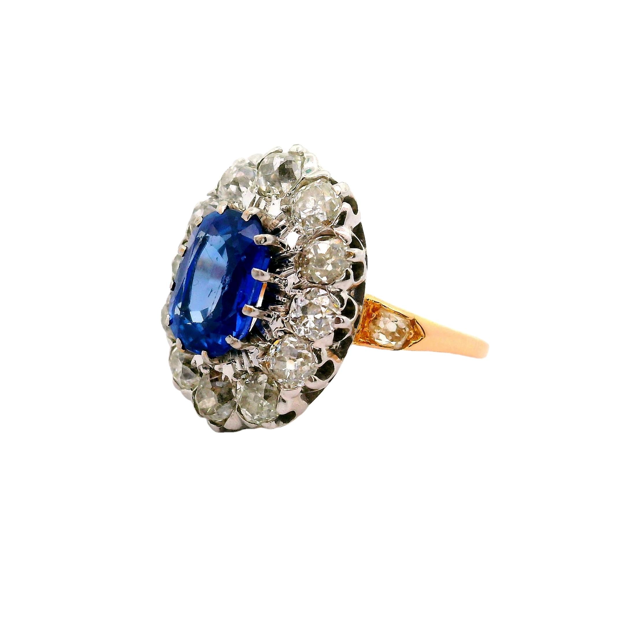 French Antique 2.81 Kashmir Sapphire Diamond 14k Yellow Gold & Platinum Ring