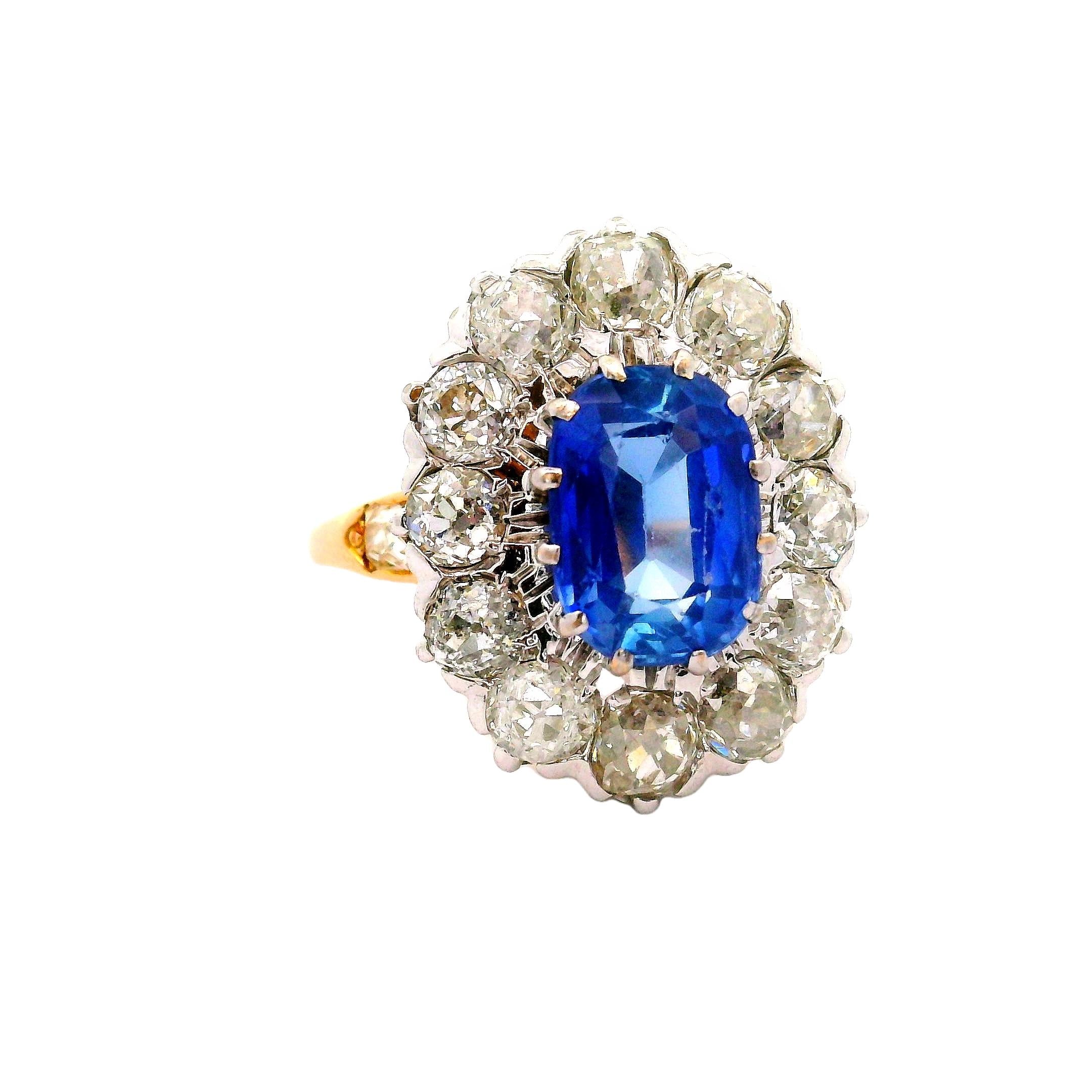 French Antique 2.81 Kashmir Sapphire Diamond 14k Yellow Gold & Platinum Ring