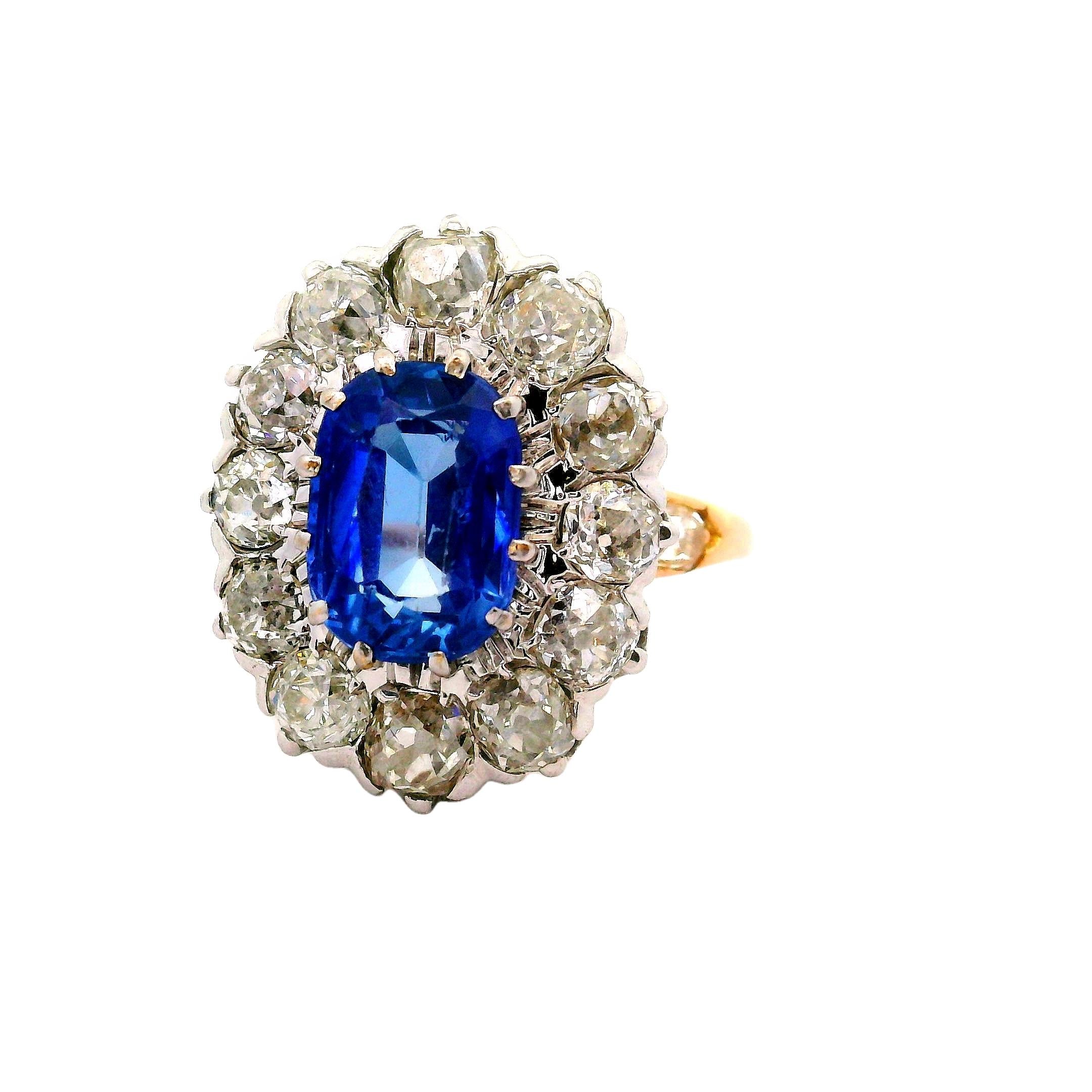 French Antique 2.81 Kashmir Sapphire Diamond 14k Yellow Gold & Platinum Ring