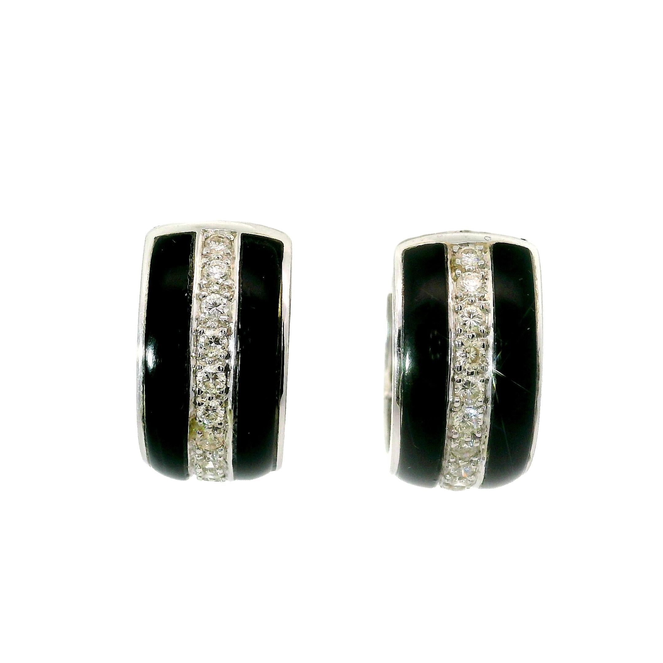 Black Onyx Diamond 18k White Gold Huggie Hoop Earrings