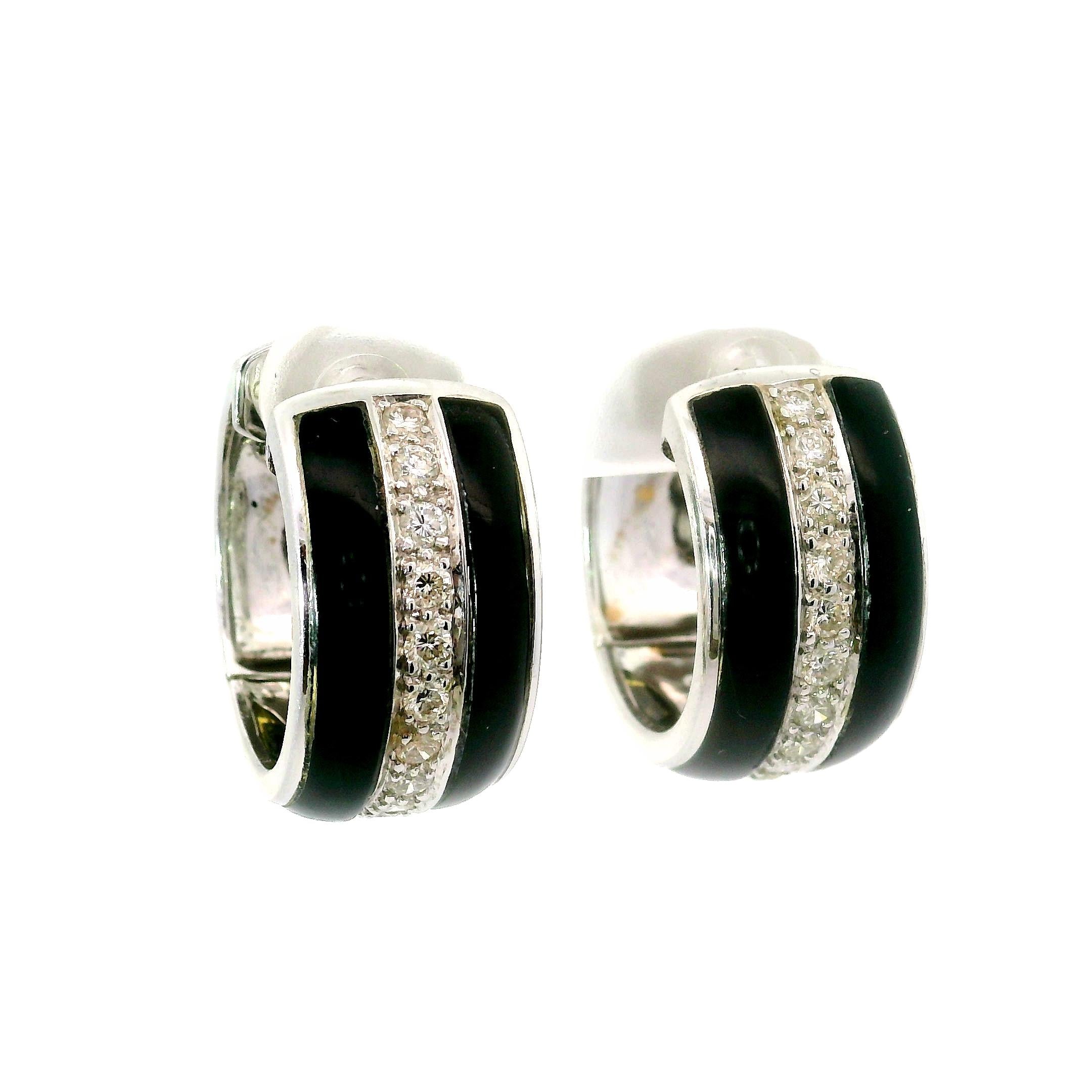 Black Onyx Diamond 18k White Gold Huggie Hoop Earrings