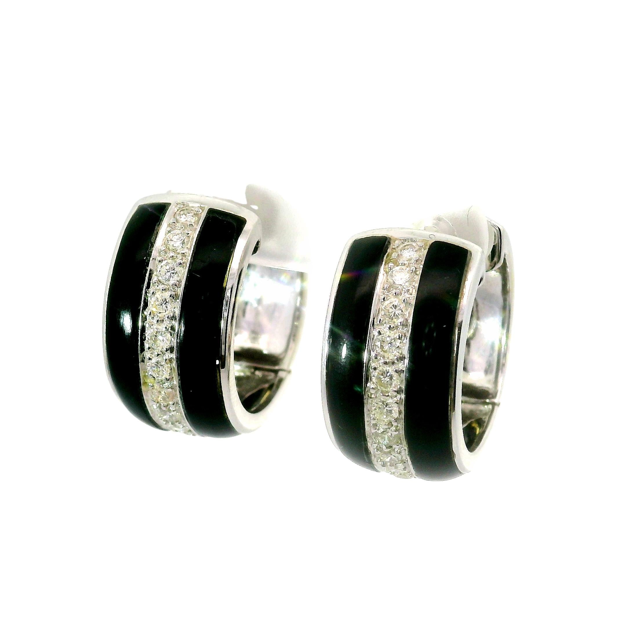 Black Onyx Diamond 18k White Gold Huggie Hoop Earrings