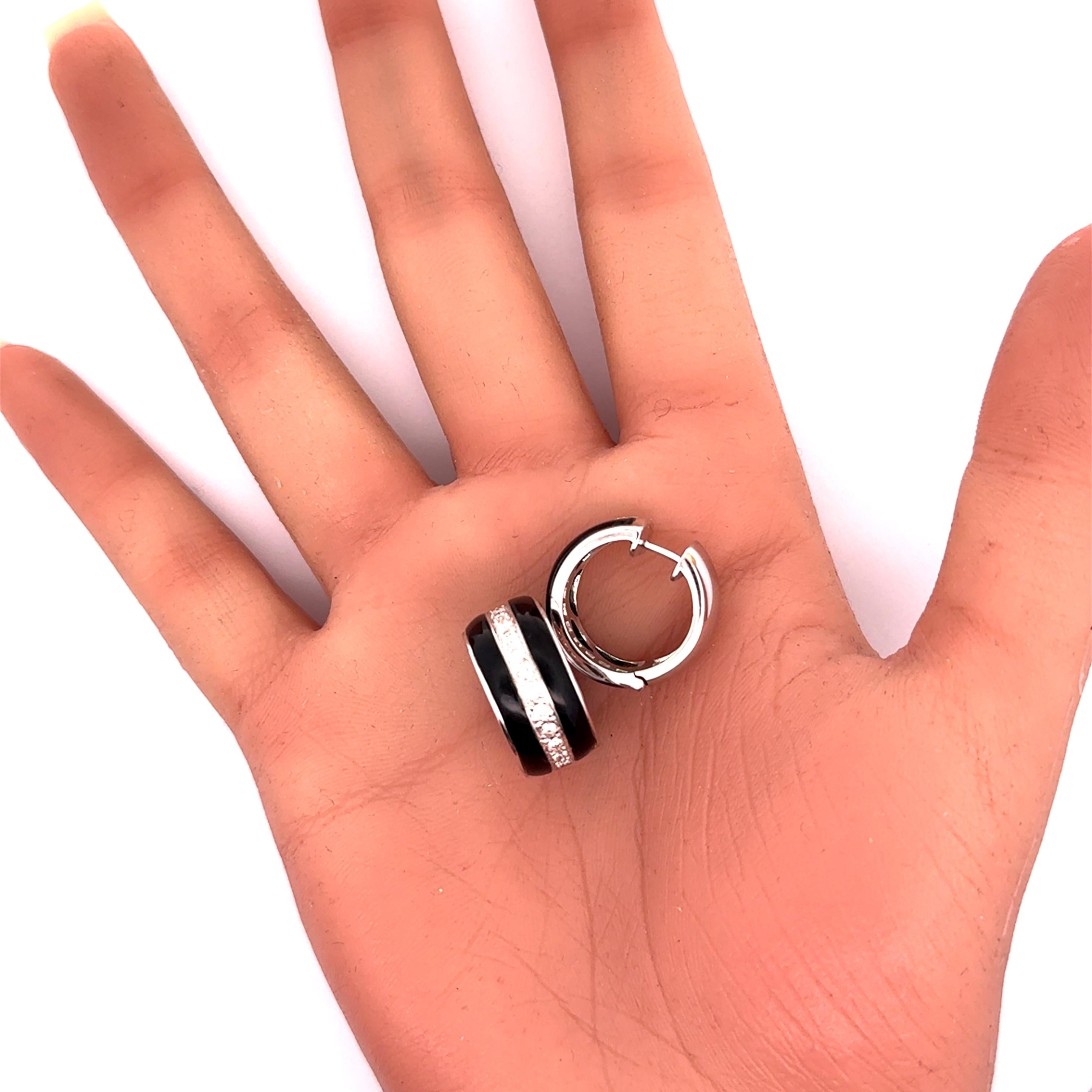 Black Onyx Diamond 18k White Gold Huggie Hoop Earrings