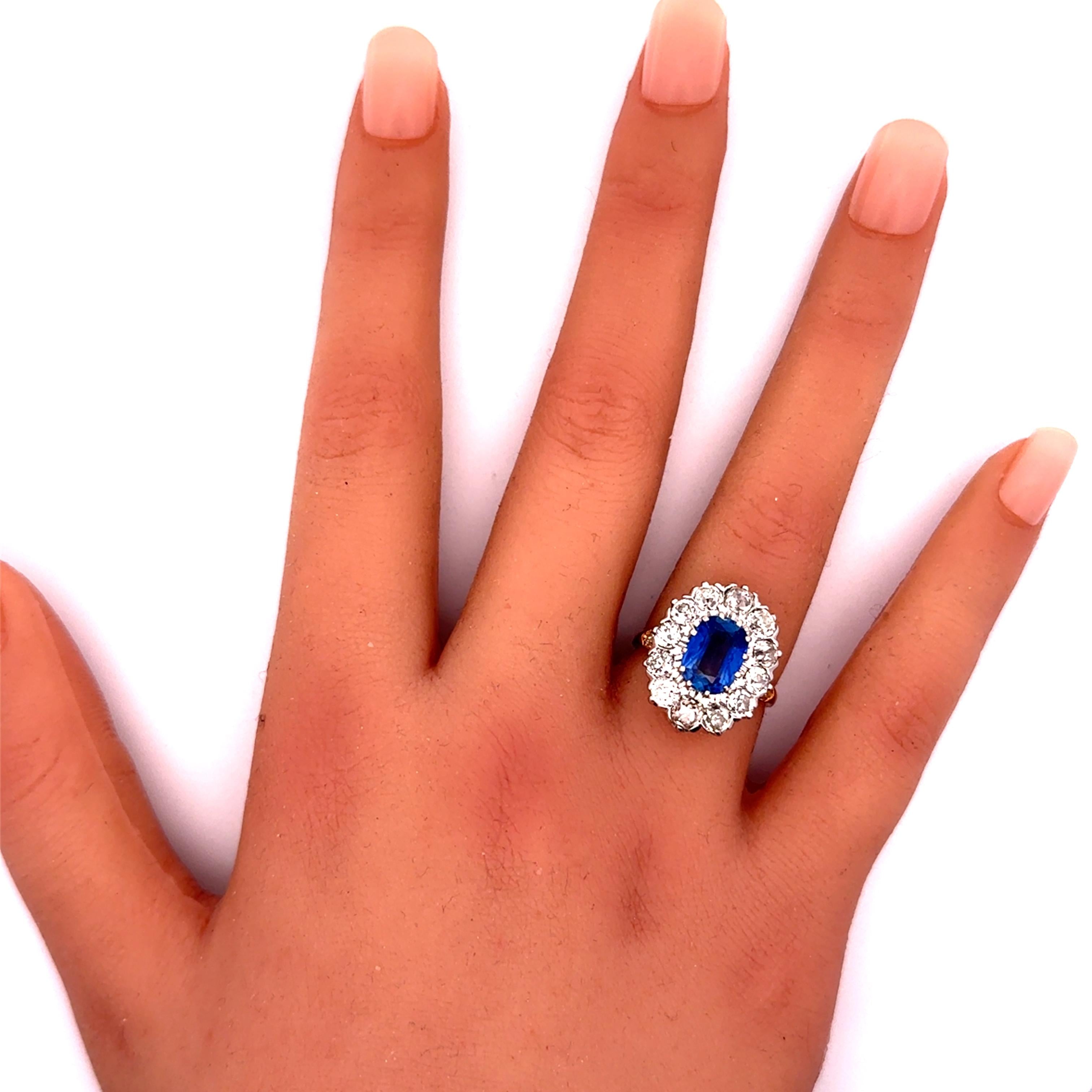 French Antique 2.81 Kashmir Sapphire Diamond 14k Yellow Gold & Platinum Ring