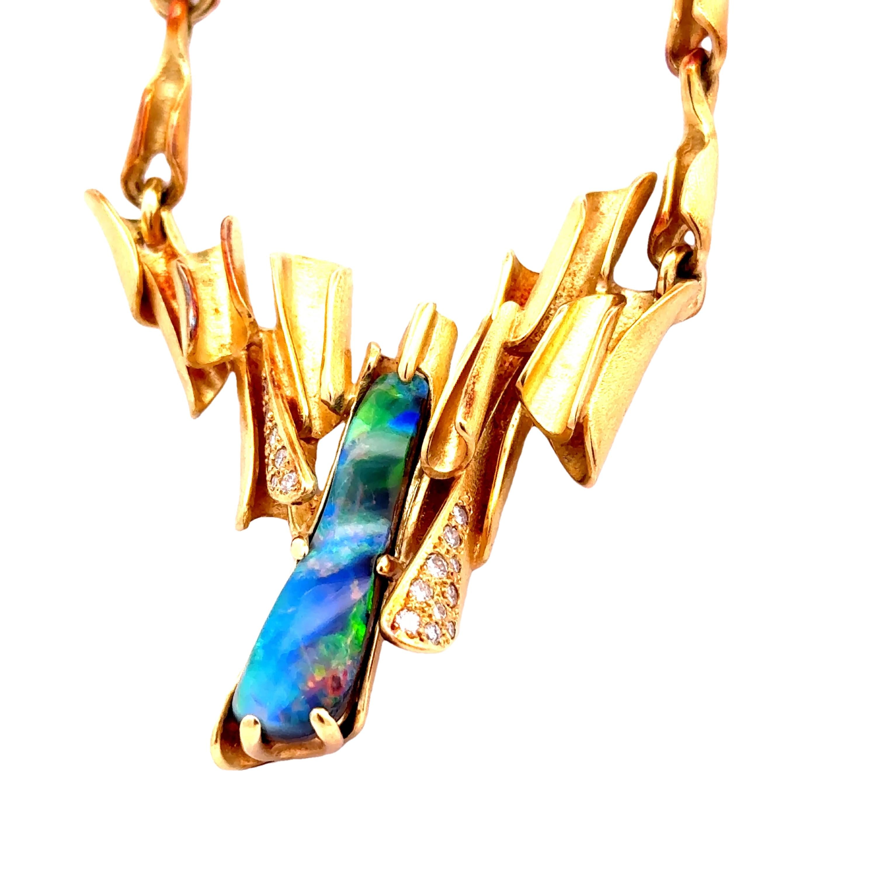 15 Carat Australian Boulder Opal Diamond 18k Yellow Gold Necklace