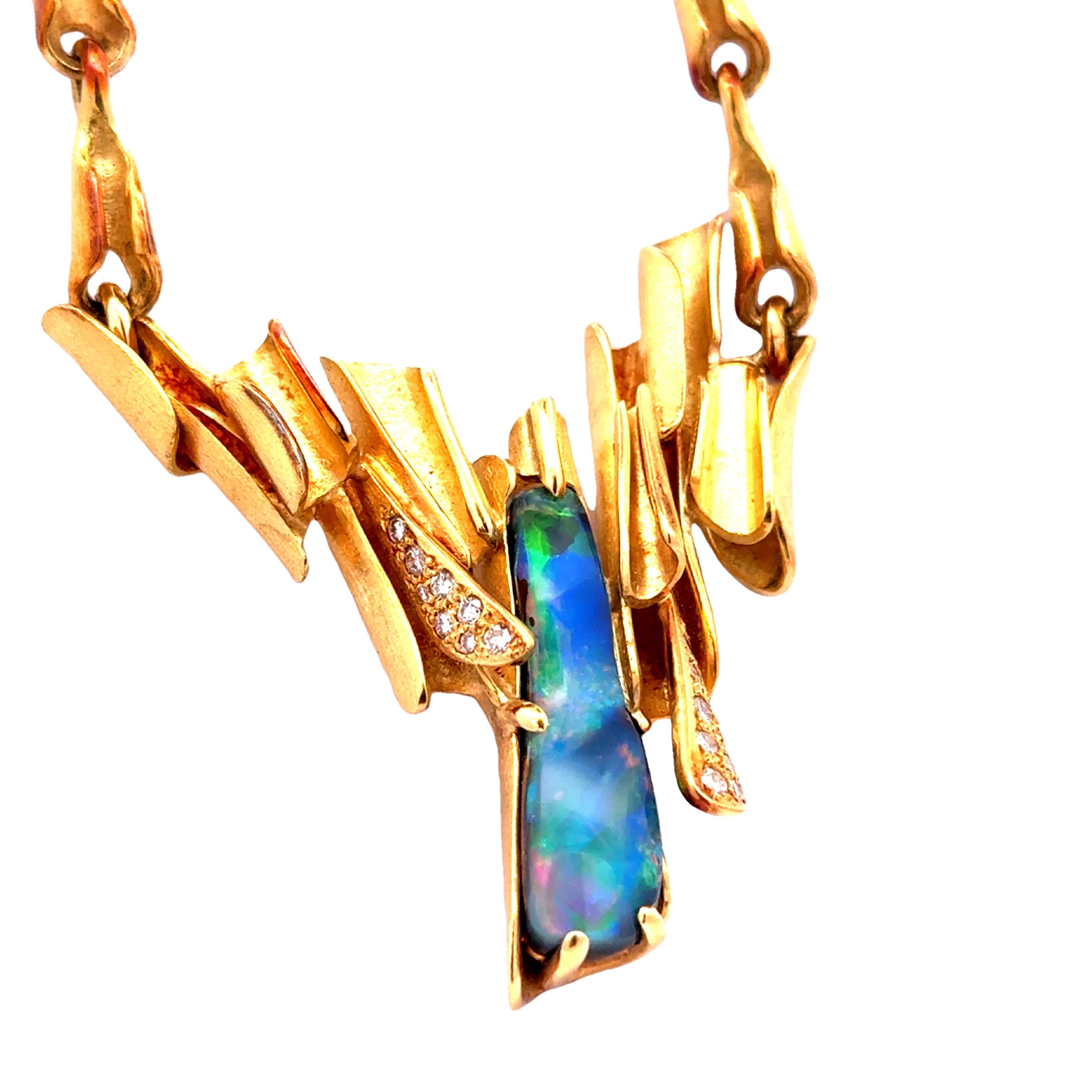 15 Carat Australian Boulder Opal Diamond 18k Yellow Gold Necklace