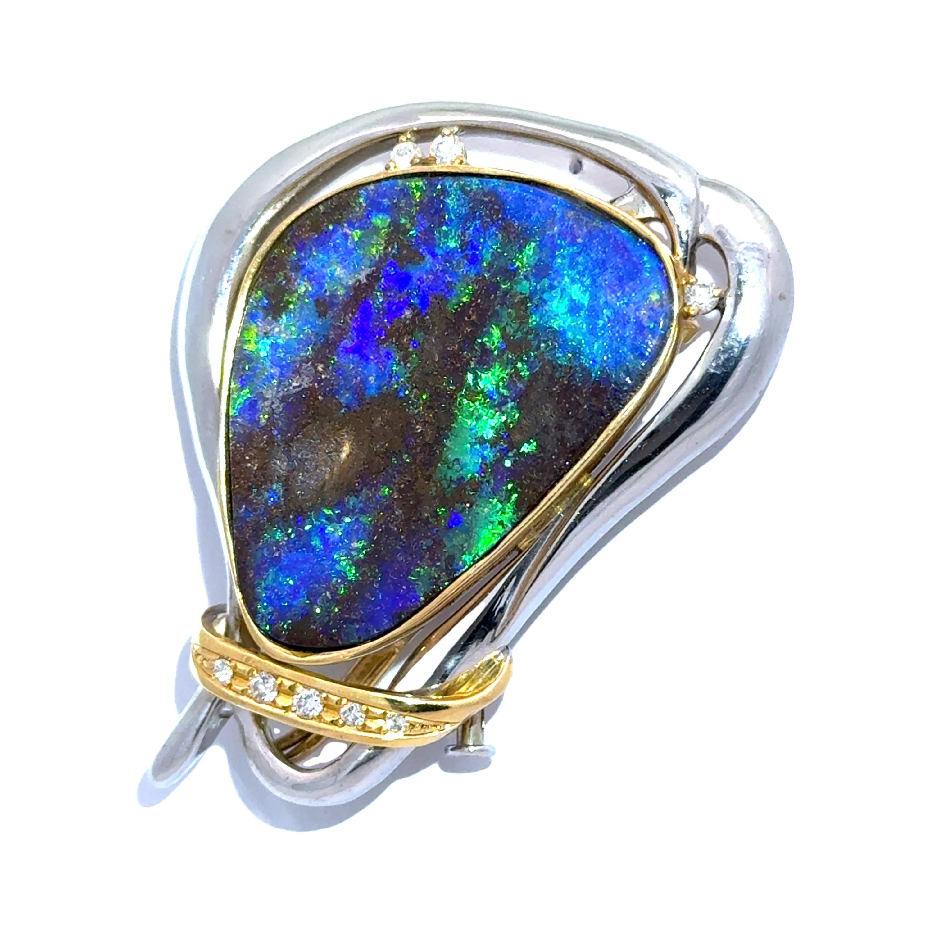 32.41 Carat Australian Boulder Opal Diamond 18K Yellow Gold & Platinum Brooch